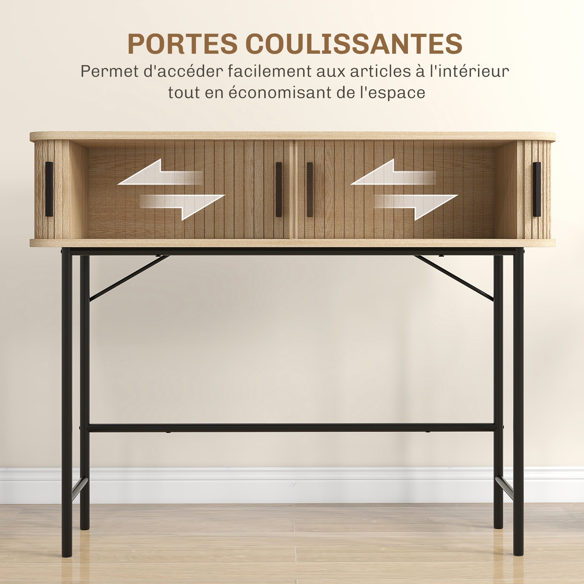 Console meuble, table console, console entrée, table d'entrée avec portes coulissantes à lattes et pieds en acier, bout de canapé pour salon, chêne et noir