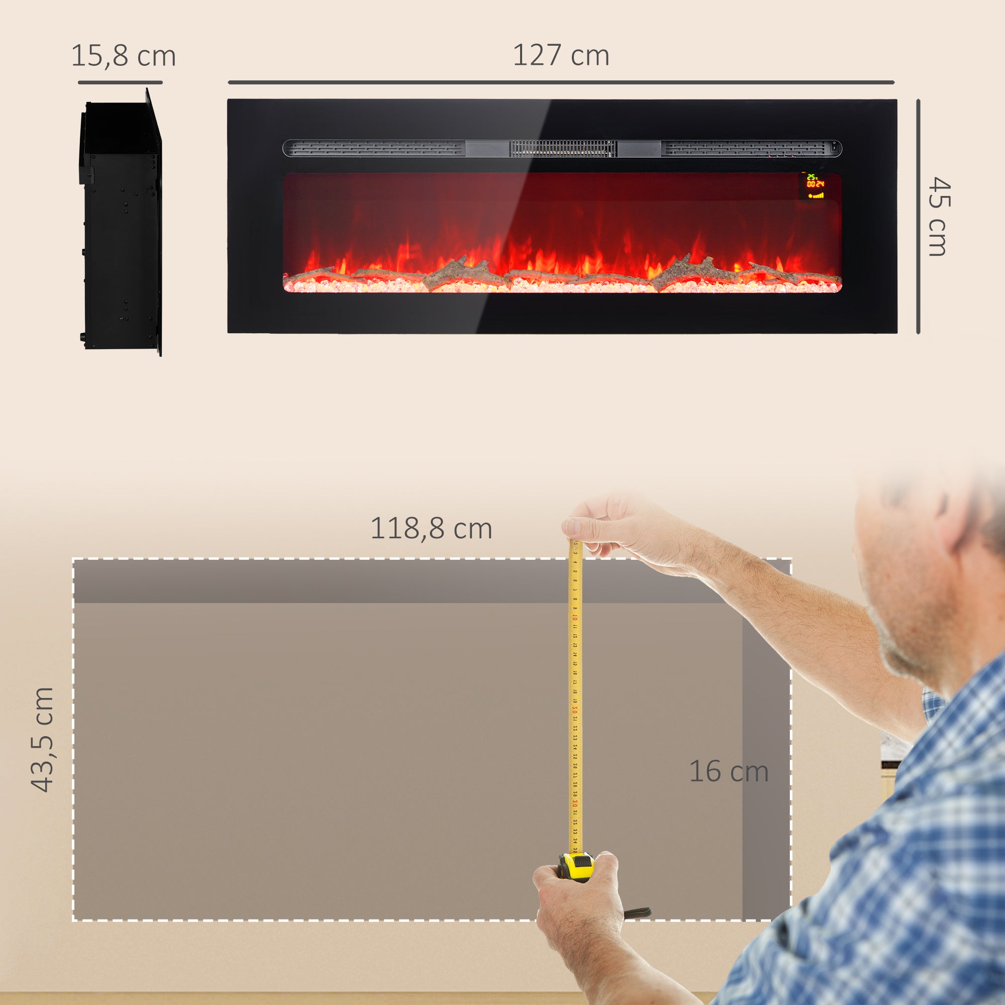 Cheminée électrique 1800 W mural ou encastrable fausse cheminée avec effet flamme en LED 3 couleurs 5 luminosités, bûche et cristal, minuterie, température 15-40℃, télécommande, 127L cm, noir