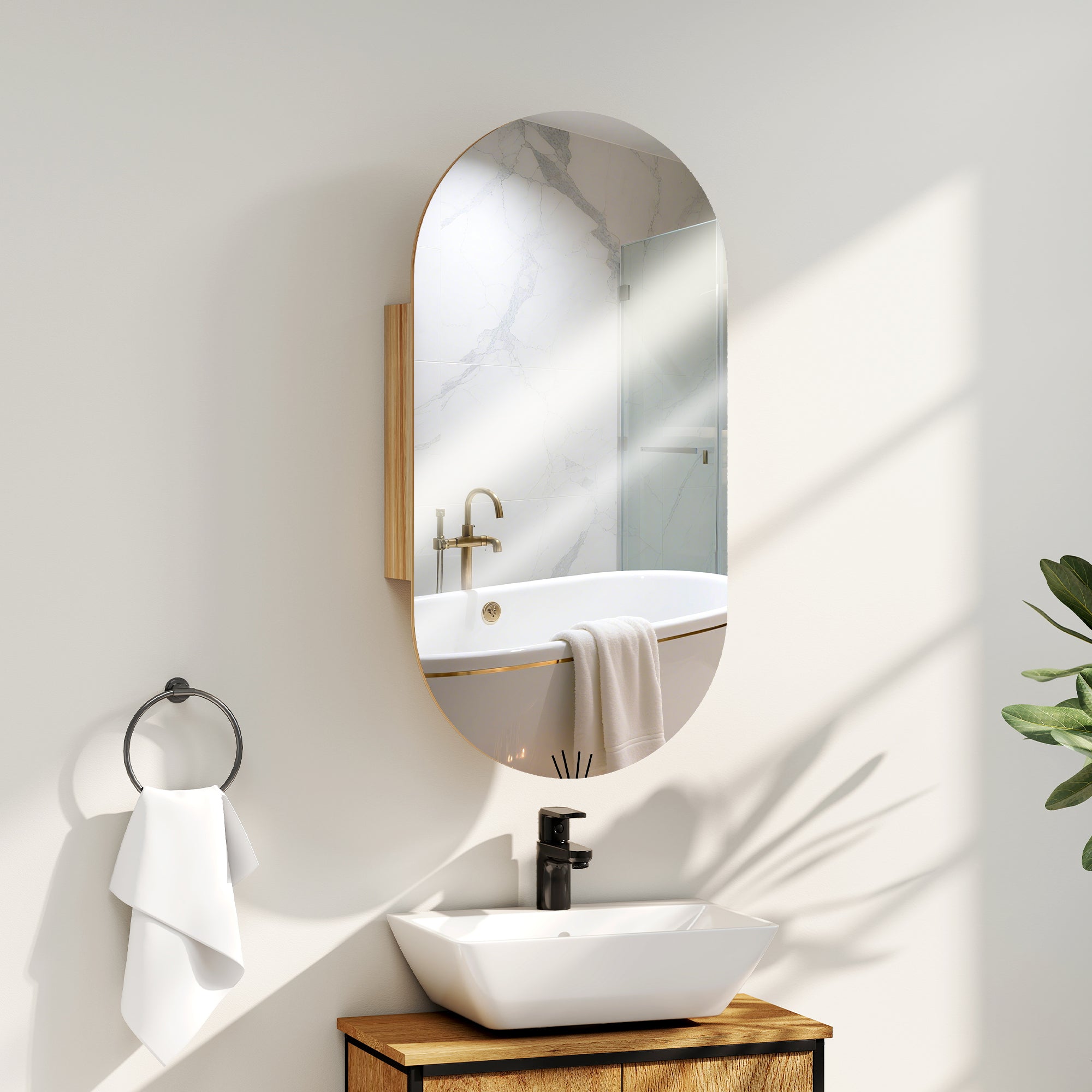 Armoire murale salle de bain avec miroir ovale, 45 x 90 cm, meuble salle de bain moderne, design sans cadre, miroir avec rangement, bois naturel
