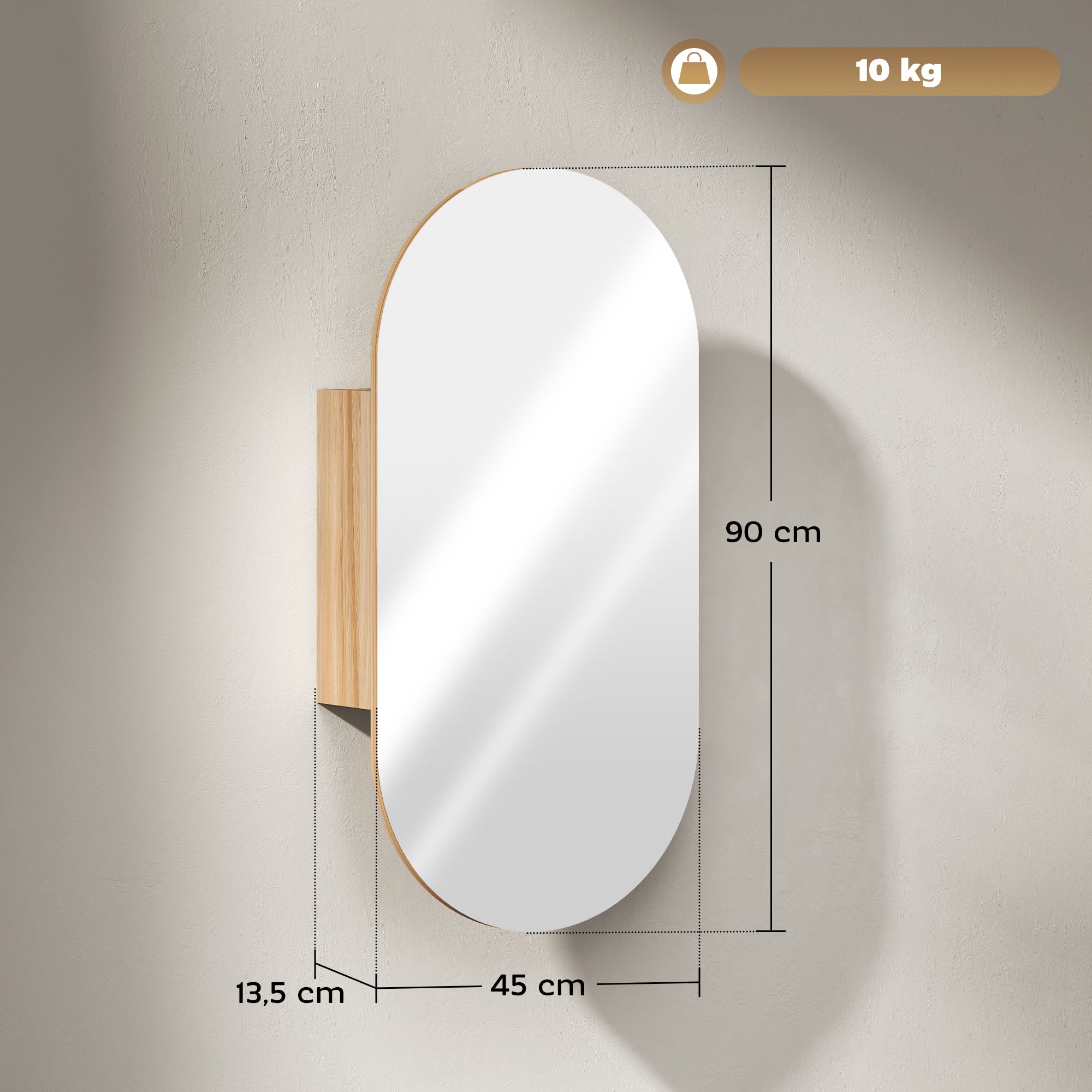 Armoire murale salle de bain avec miroir ovale, 45 x 90 cm, meuble salle de bain moderne, design sans cadre, miroir avec rangement, bois naturel