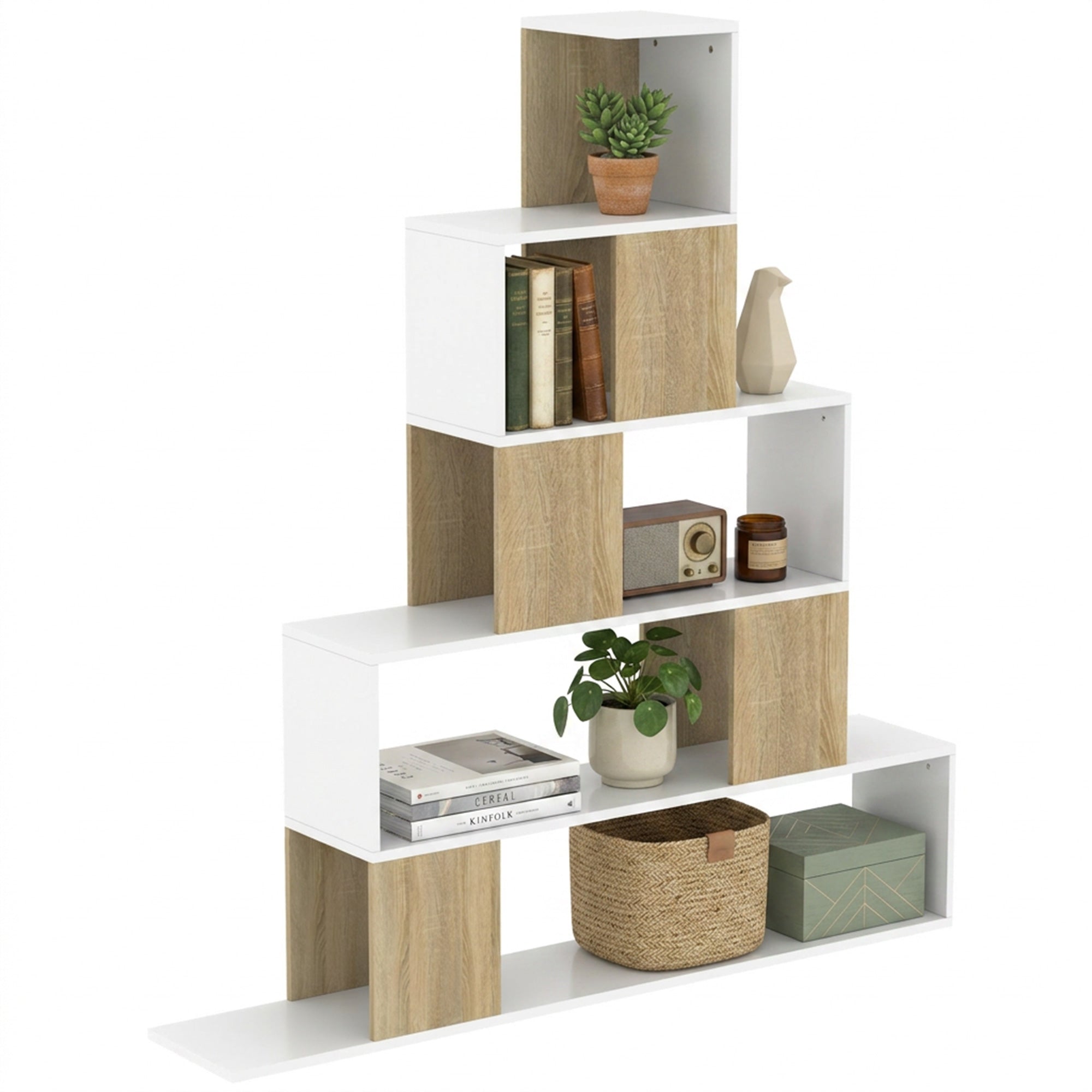 Étagère de rangement, bibliothèque géométrique à 5 niveaux, pour bureau, salon, chambre, 120 x 22 x 131,5 cm, blanc et bois naturel
