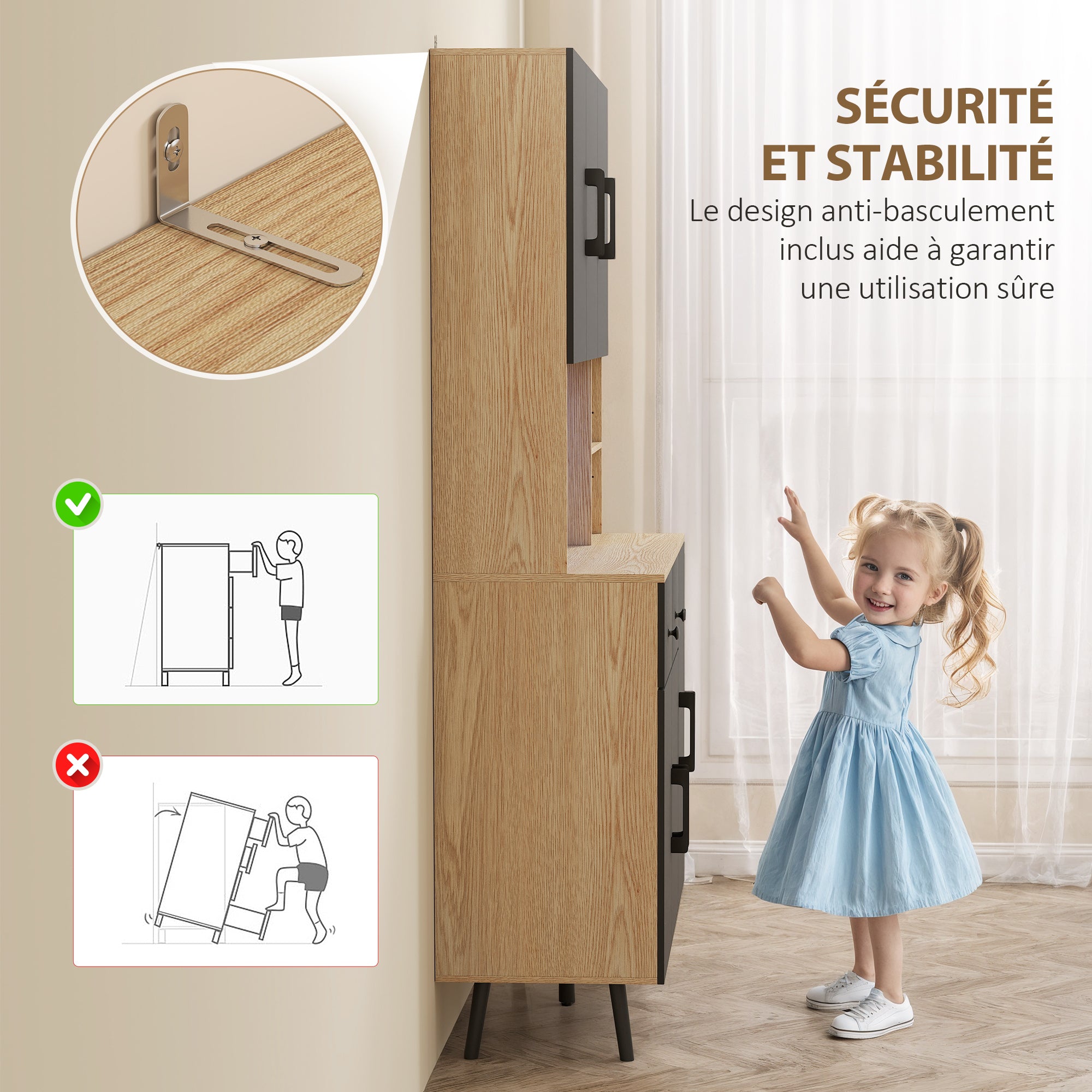 Buffet cuisine avec lumière LED RGB contrôlé APP, meuble cuisine rangement haut avec plan de travail, 6 portes, 2 tiroirs, compartiments ouverts, étagères réglables, 100x40x176cm, noir