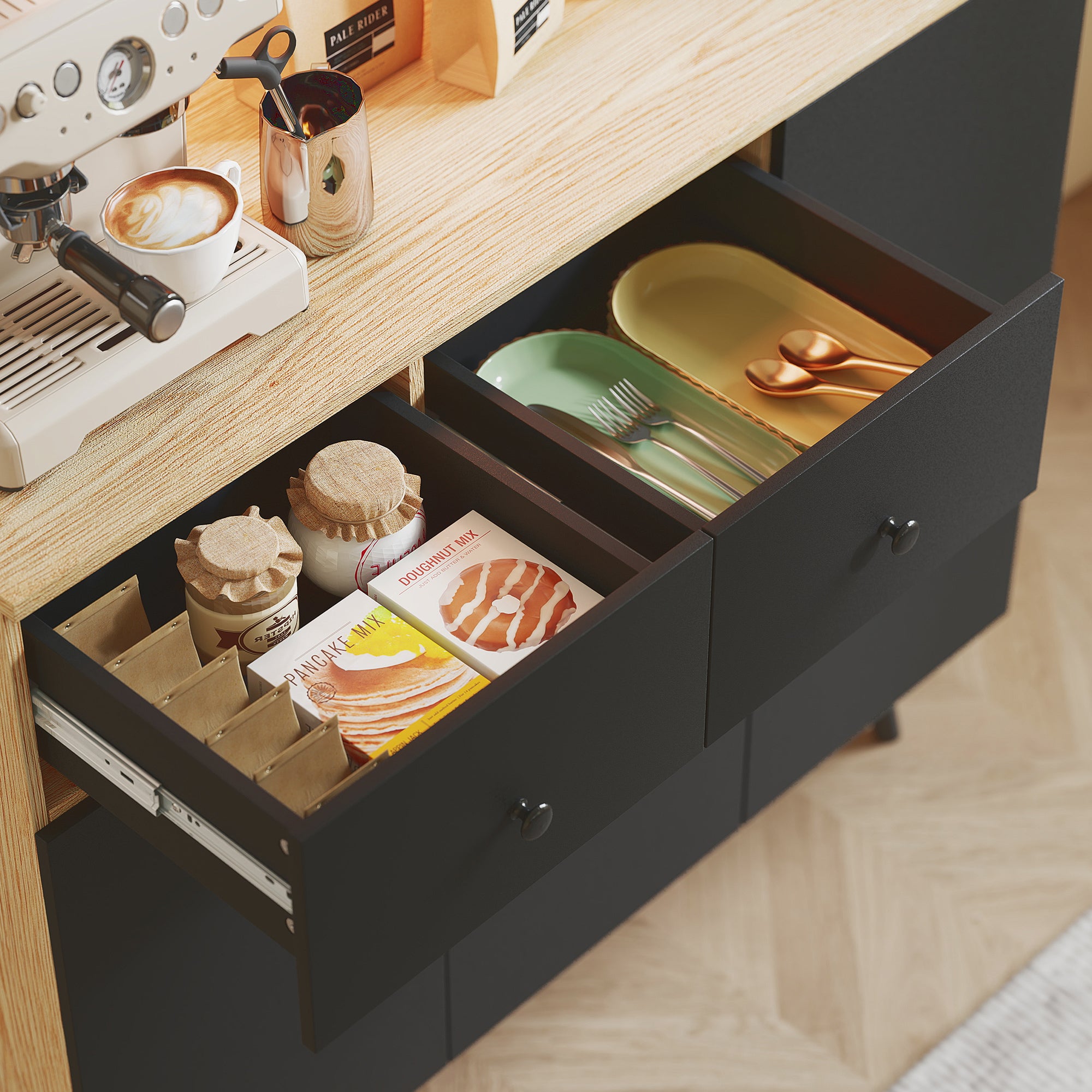 Buffet cuisine avec lumière LED RGB contrôlé APP, meuble cuisine rangement haut avec plan de travail, 6 portes, 2 tiroirs, compartiments ouverts, étagères réglables, 100x40x176cm, noir