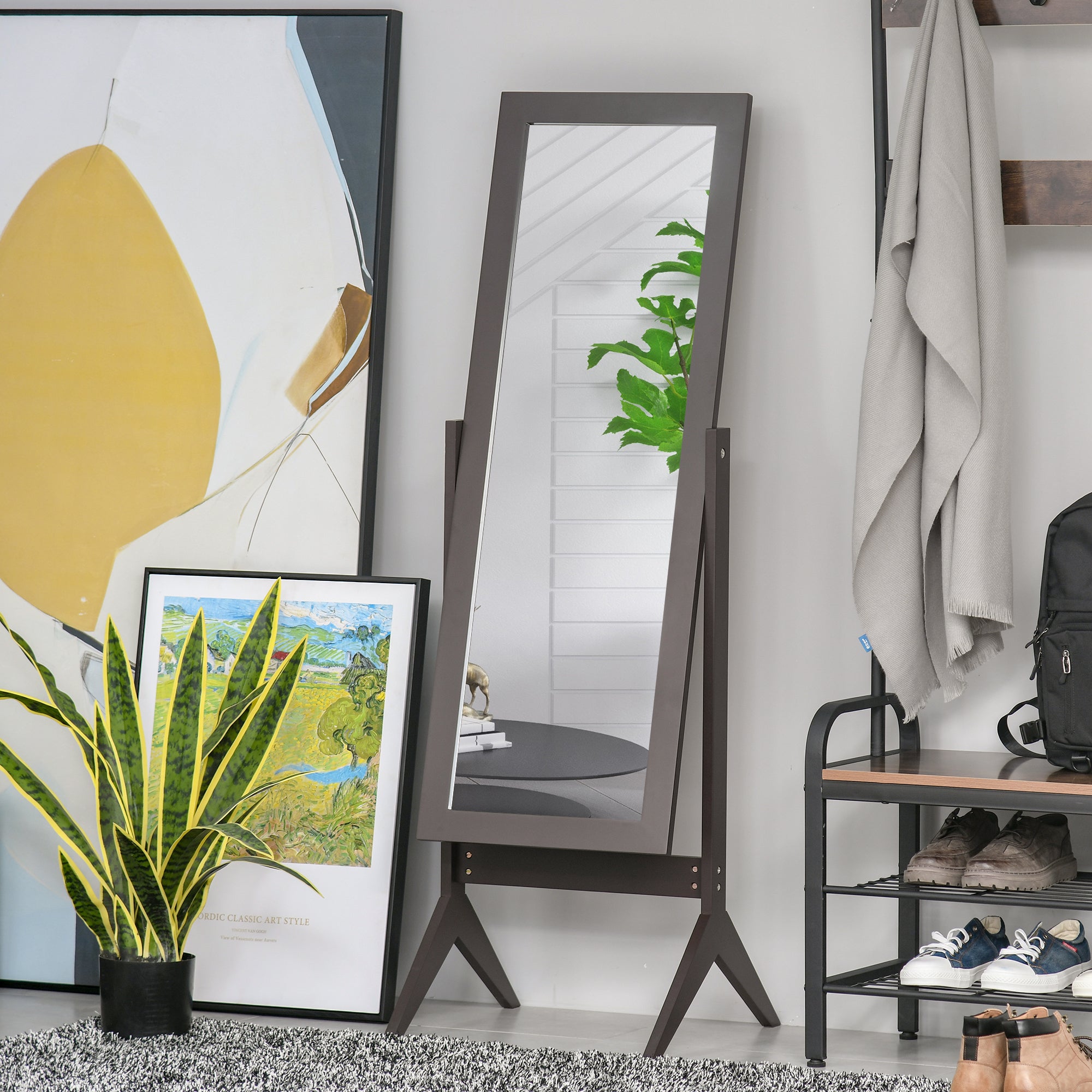 Miroir en Pied Grand Miroir de Sol Inclinaison réglable pour Dressing Chambre dim. 47L x 46l x 148H cm en Bois Brun Foncé