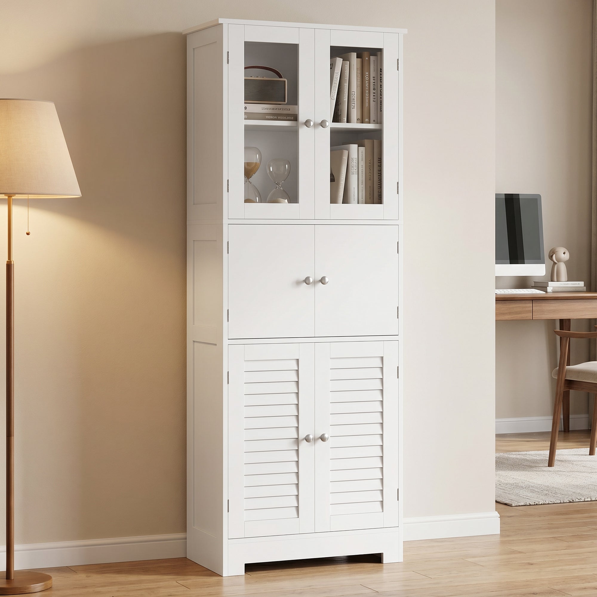 Meuble de salle de bain haut, meuble de rangement, colonne salle de bain avec 6 portes dont 2 vitrées et 2 persiennes, étagère réglable, style moderne, pour salon, chambre, 60x30x170,5cm, blanc