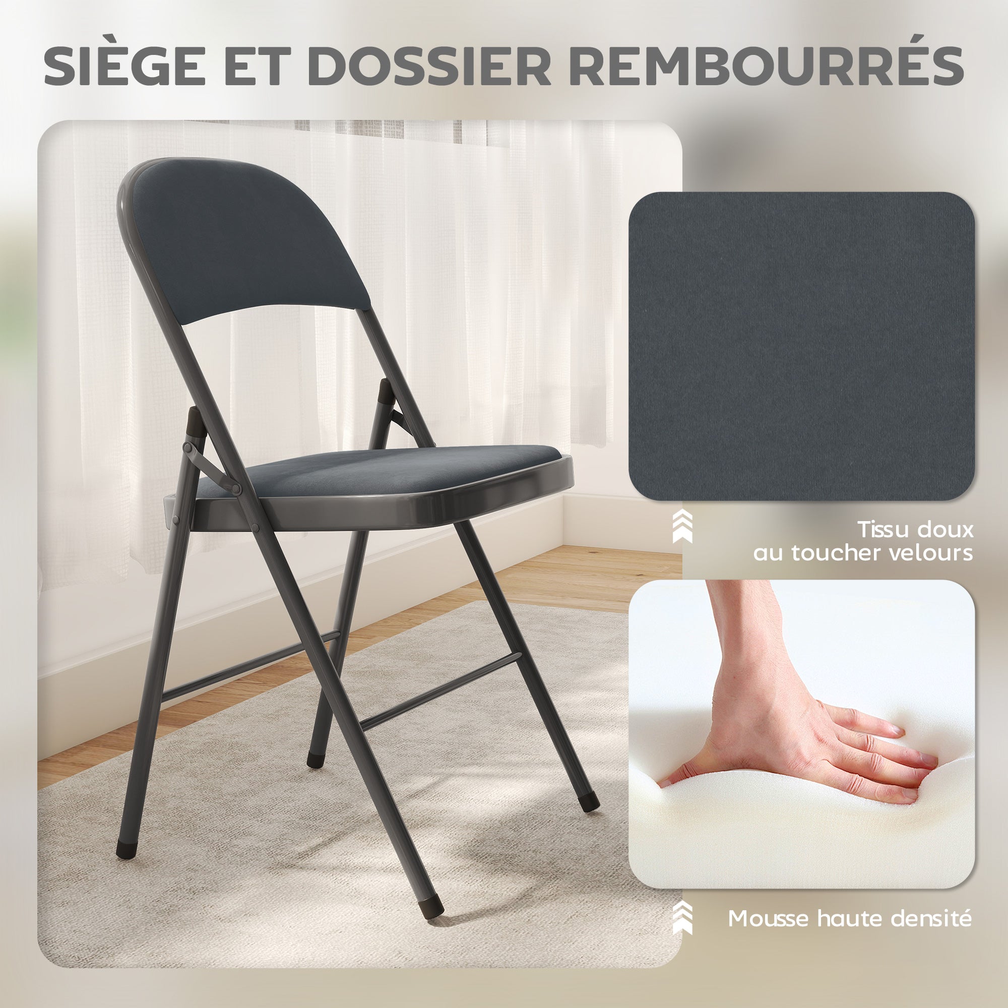 Lot de 4 chaises pliantes chaises de salle à manger portables intérieur avec assises et dossiers rembourrés en velours et cadre en acier, charge jusqu'à 120kg, gris foncé