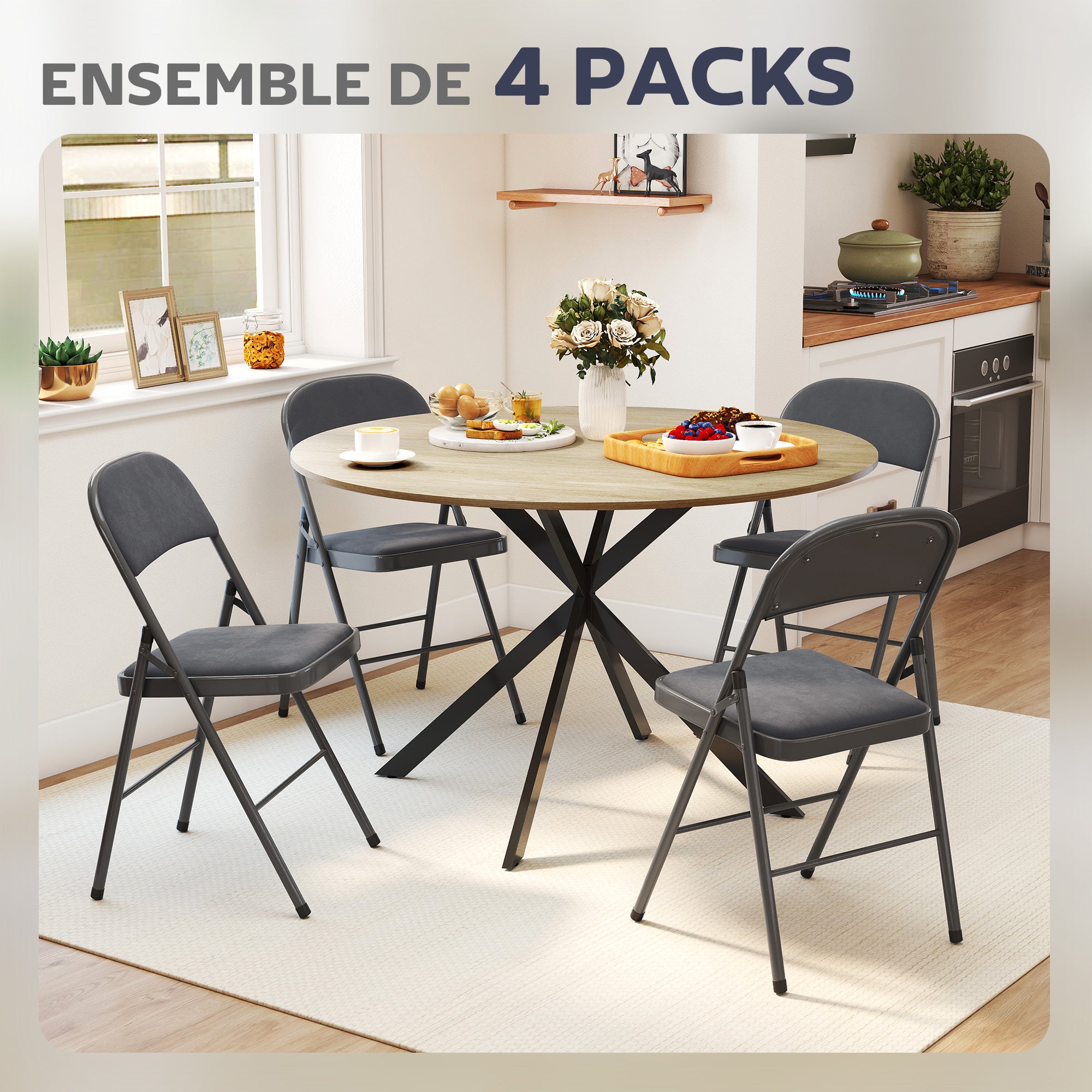 Lot de 4 chaises pliantes chaises de salle à manger portables intérieur avec assises et dossiers rembourrés en velours et cadre en acier, charge jusqu'à 120kg, gris foncé