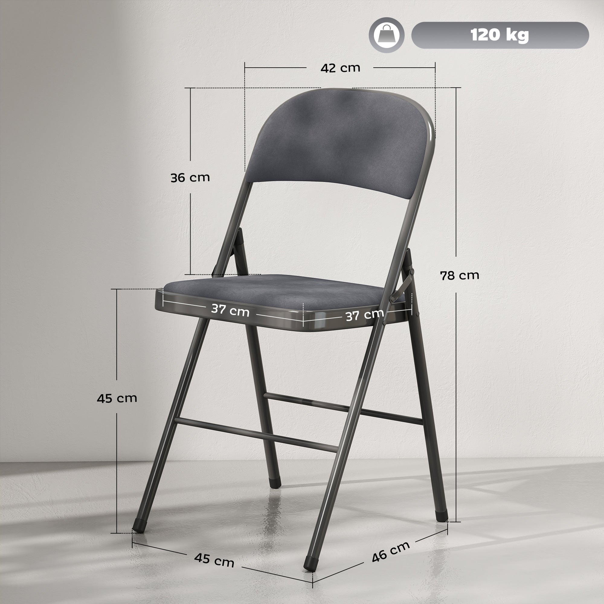 Lot de 4 chaises pliantes chaises de salle à manger portables intérieur avec assises et dossiers rembourrés en velours et cadre en acier, charge jusqu'à 120kg, gris foncé