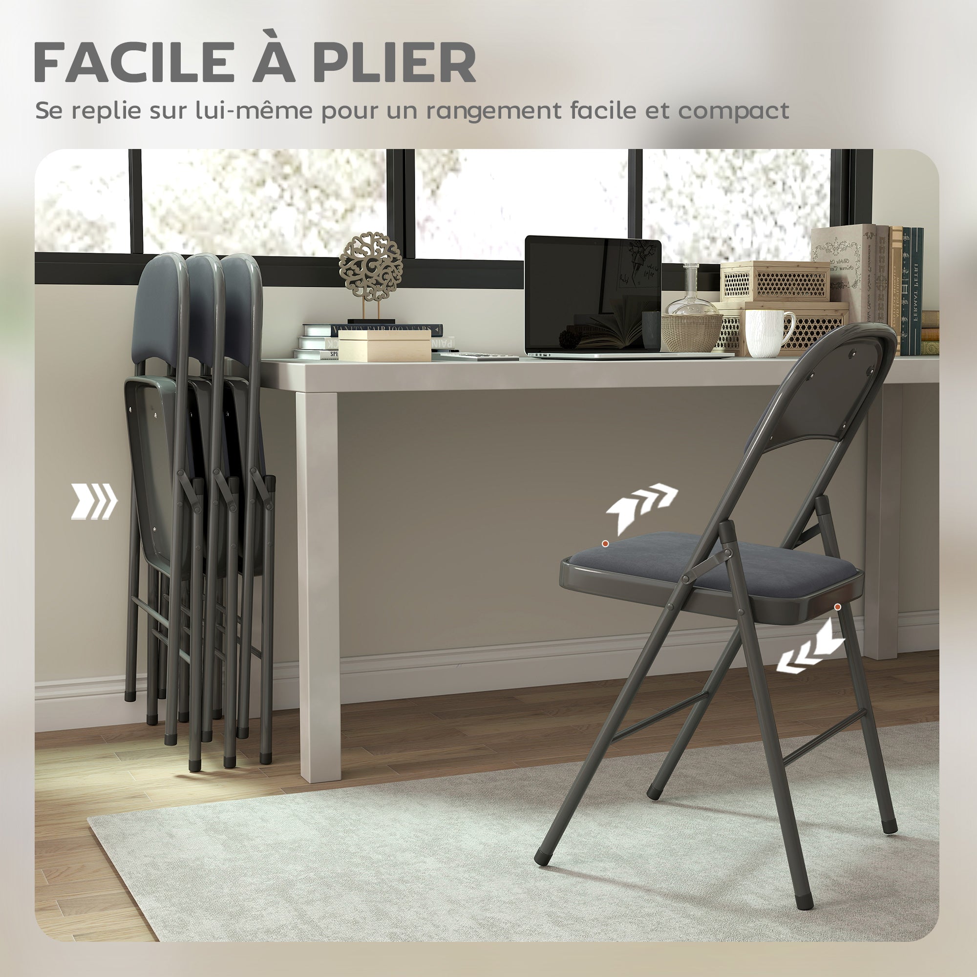 Lot de 4 chaises pliantes chaises de salle à manger portables intérieur avec assises et dossiers rembourrés en velours et cadre en acier, charge jusqu'à 120kg, gris foncé