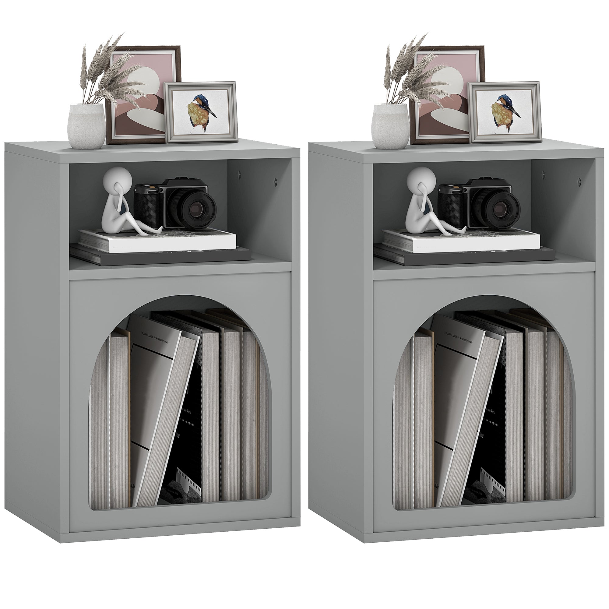 Lot de 2 tables de chevet, table de nuit avec compartiments ouverts, design arqué, chevet de lit pour chambre à coucher, salon, 40 x 30 x 60 cm, gris