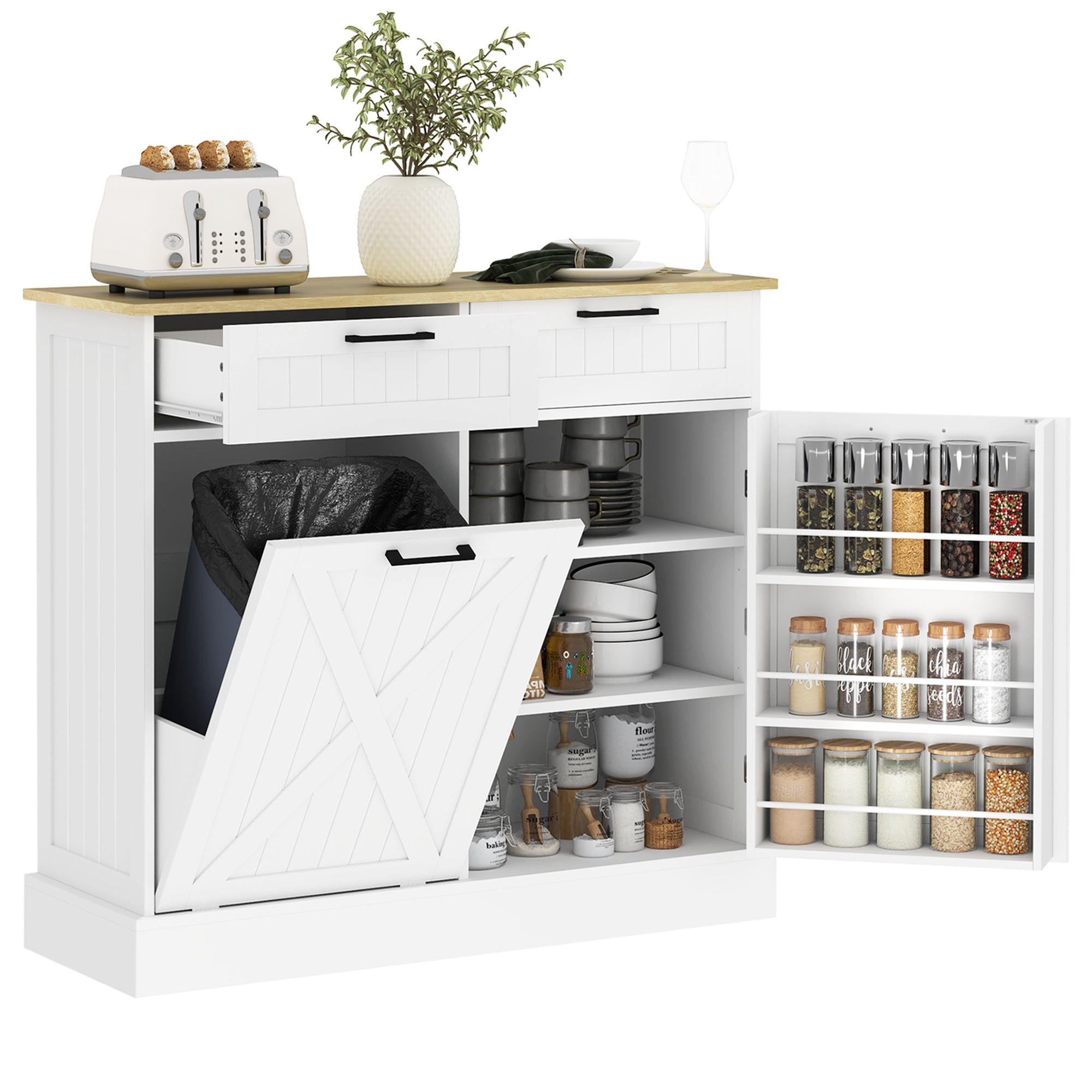 Buffet cuisine avec meuble poubelle 38L, îlot de cuisine, meuble cuisine rangement avec 2 tiroirs, étagère à épices et plan de travail, pour salle à manger, salon, 100 x 36 x 90 cm, blanc
