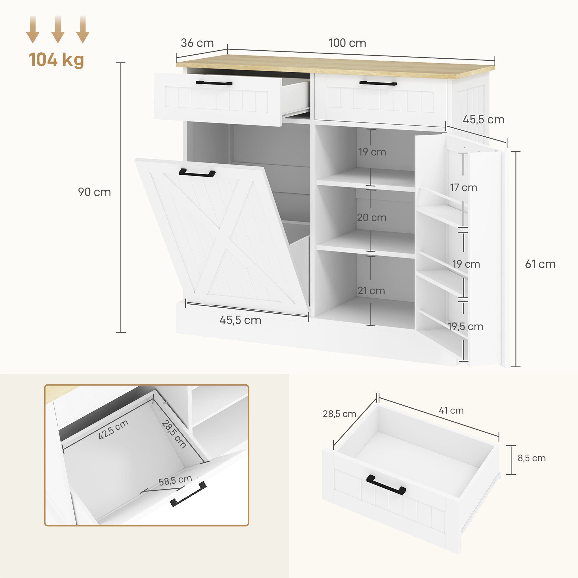 Buffet cuisine avec meuble poubelle 38L, îlot de cuisine, meuble cuisine rangement avec 2 tiroirs, étagère à épices et plan de travail, pour salle à manger, salon, 100 x 36 x 90 cm, blanc