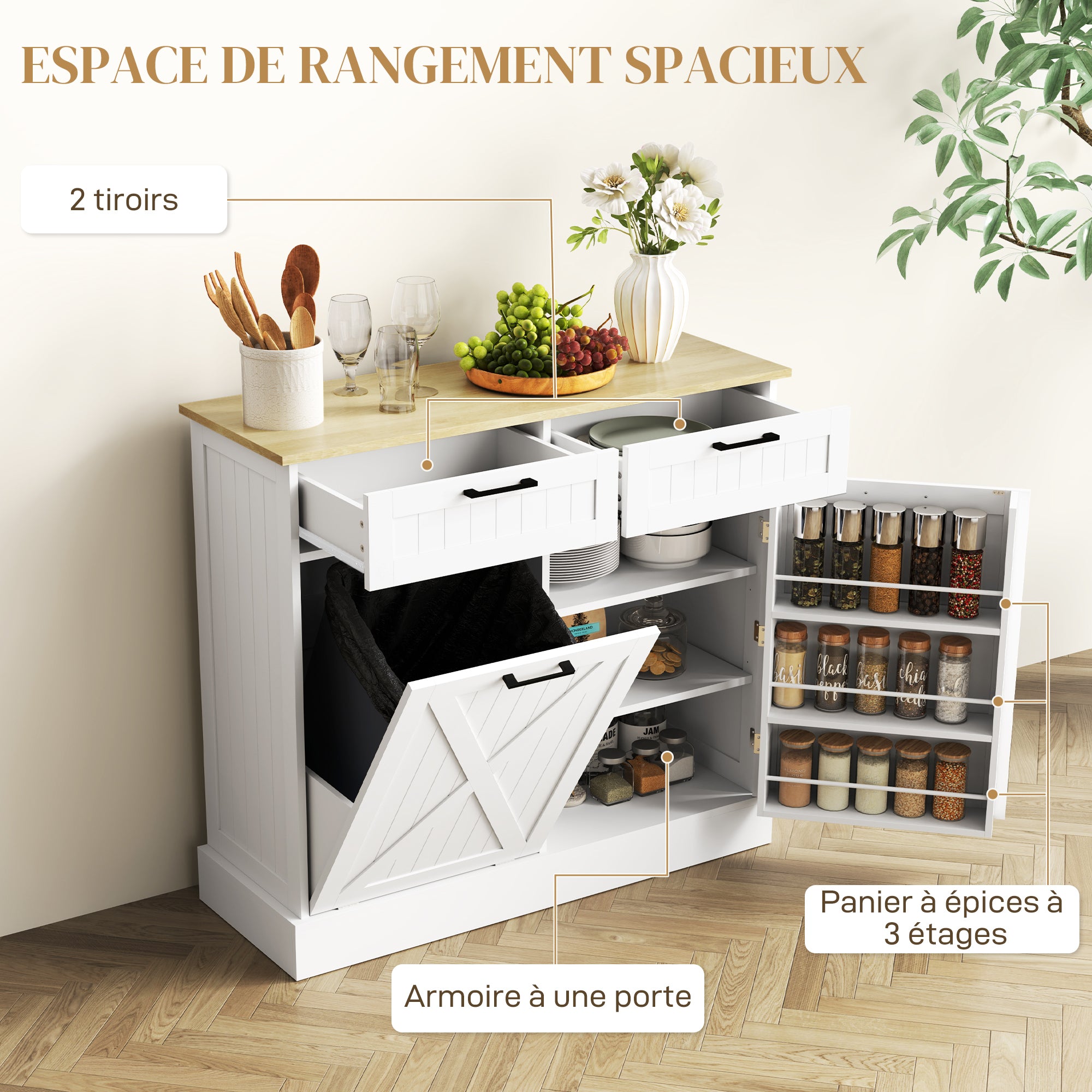 Buffet cuisine avec meuble poubelle 38L, îlot de cuisine, meuble cuisine rangement avec 2 tiroirs, étagère à épices et plan de travail, pour salle à manger, salon, 100 x 36 x 90 cm, blanc