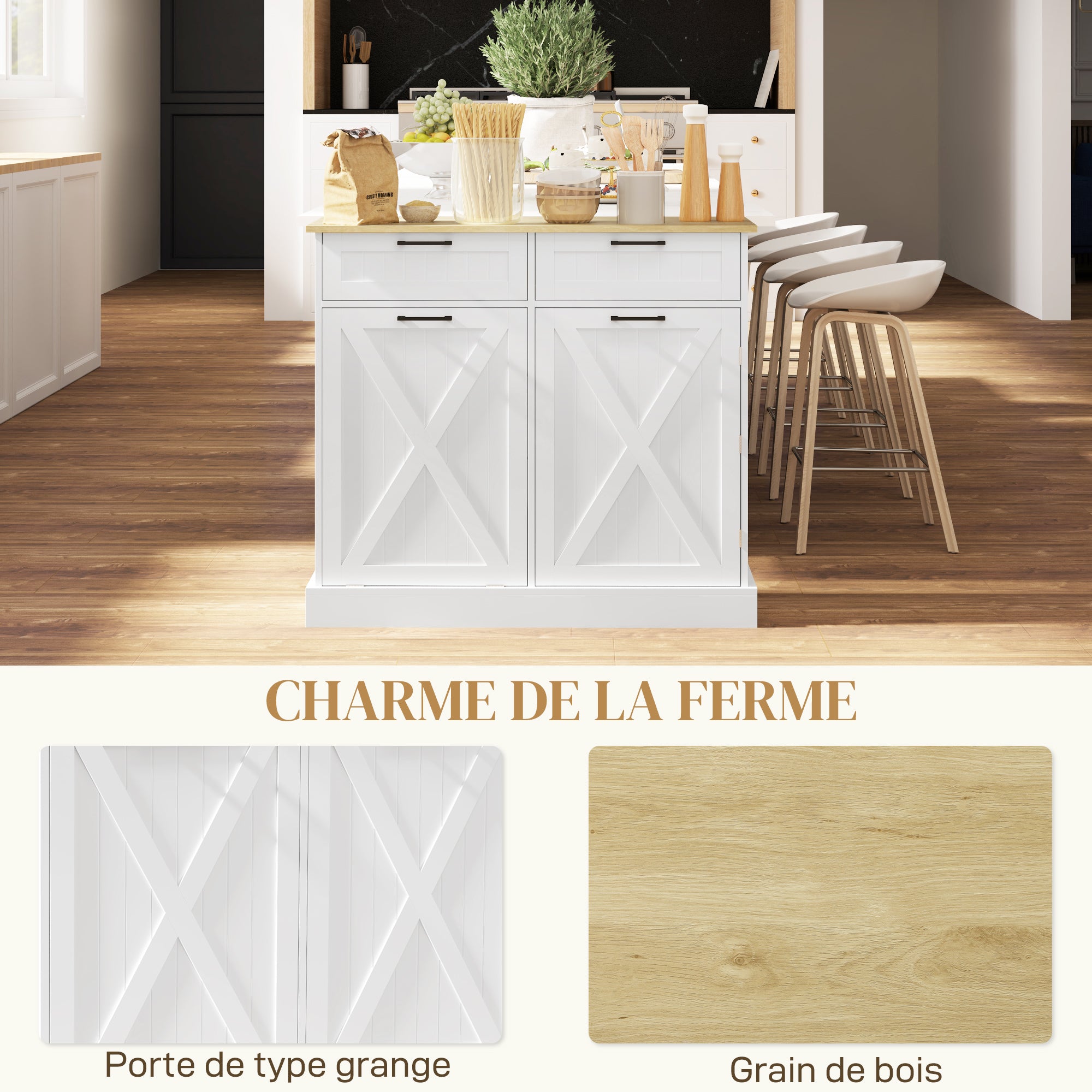 Buffet cuisine avec meuble poubelle 38L, îlot de cuisine, meuble cuisine rangement avec 2 tiroirs, étagère à épices et plan de travail, pour salle à manger, salon, 100 x 36 x 90 cm, blanc