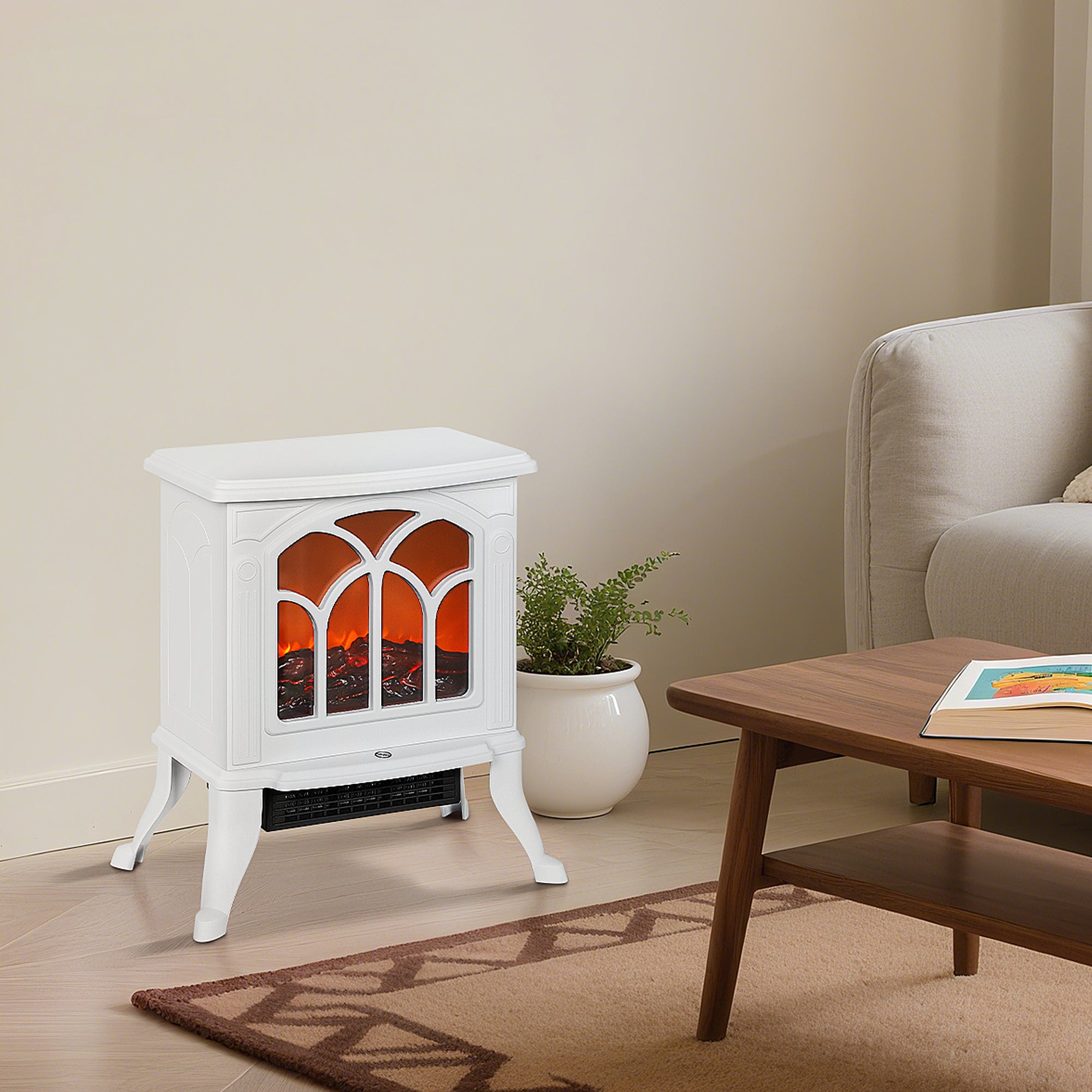 Cheminée électrique sur pied 750/1500 W, fausse cheminée décorative avec effet flamme LED, protection contre la surchauffe, zone de couverture 15-20 m², blanc