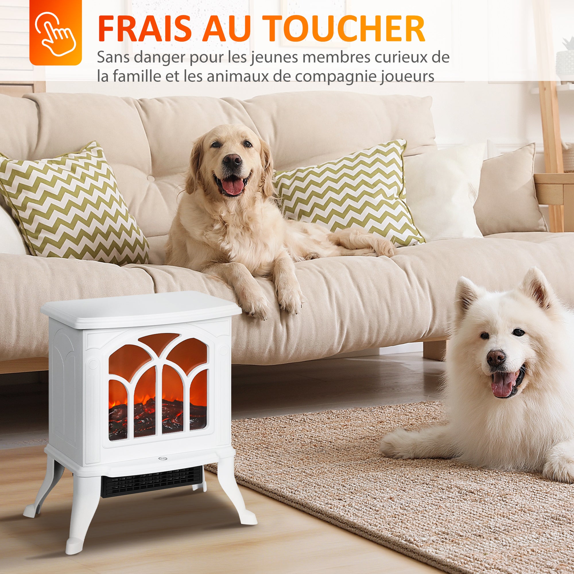 Cheminée électrique sur pied 750/1500 W, fausse cheminée décorative avec effet flamme LED, protection contre la surchauffe, zone de couverture 15-20 m², blanc