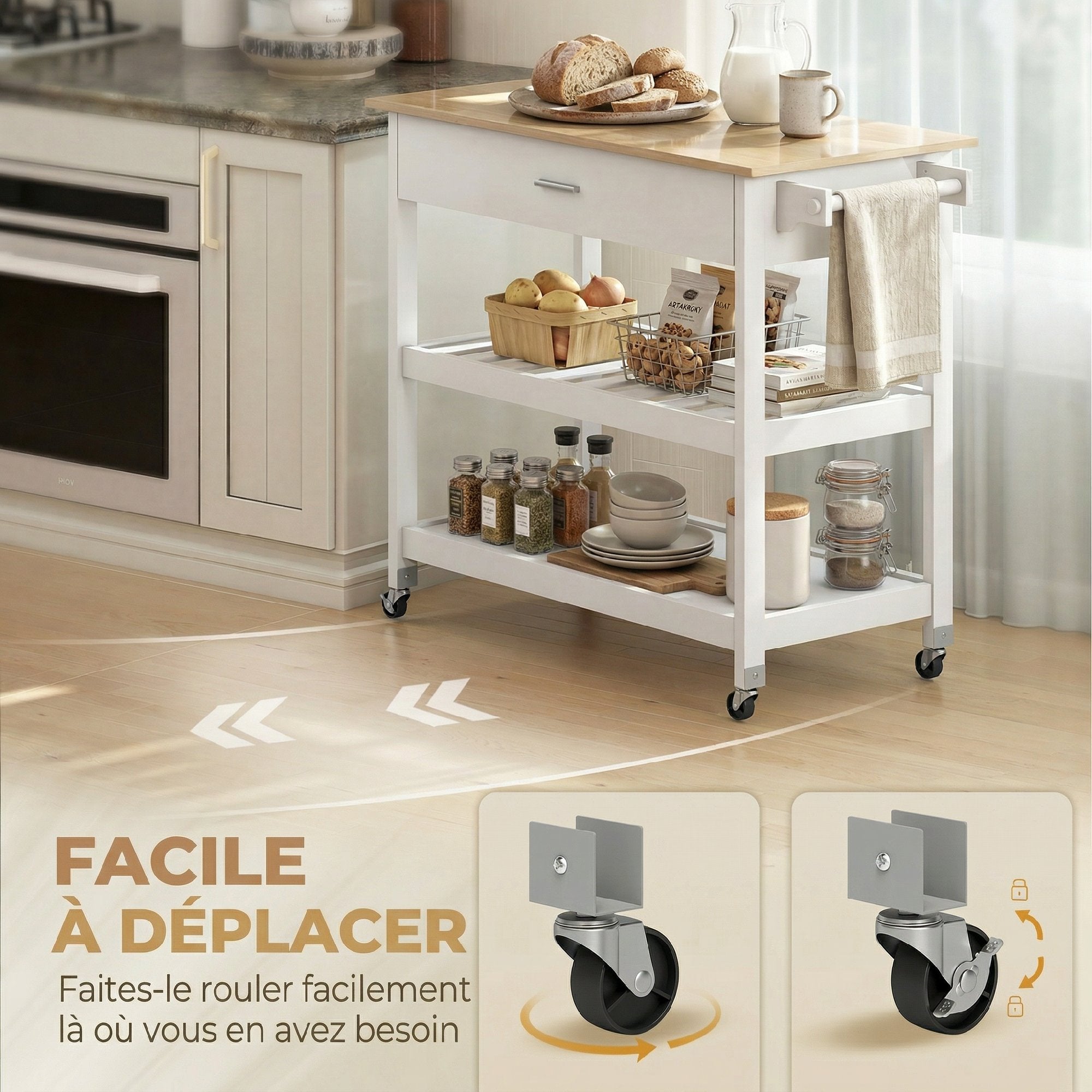 Desserte de cuisine à roulettes, îlot central cuisine avec plan de travail, tiroir, étagères, porte-serviettes, chariot de rangement pour salle à manger, 108,8 x 51 x 92,5 cm, blanc