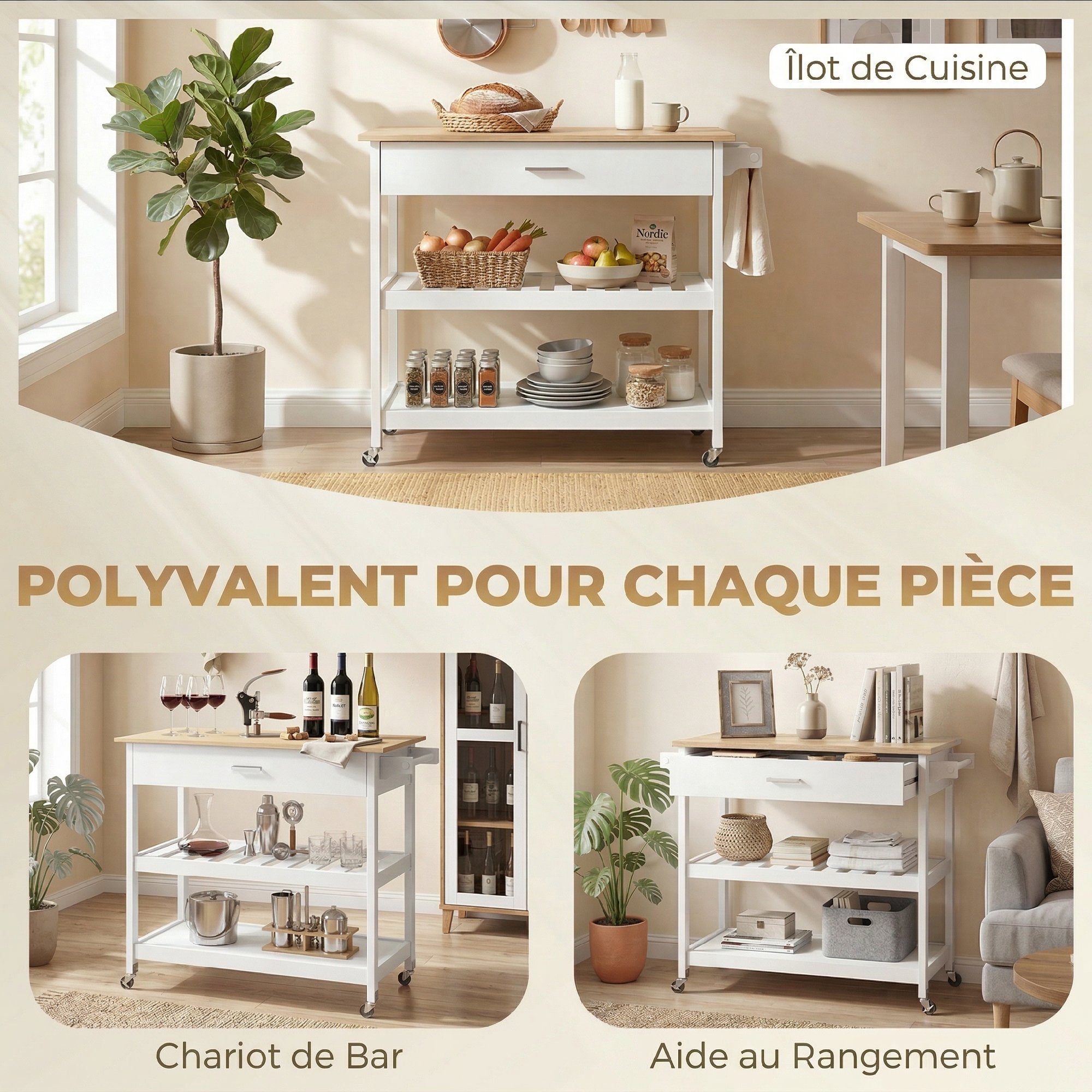 Desserte de cuisine à roulettes, îlot central cuisine avec plan de travail, tiroir, étagères, porte-serviettes, chariot de rangement pour salle à manger, 108,8 x 51 x 92,5 cm, blanc