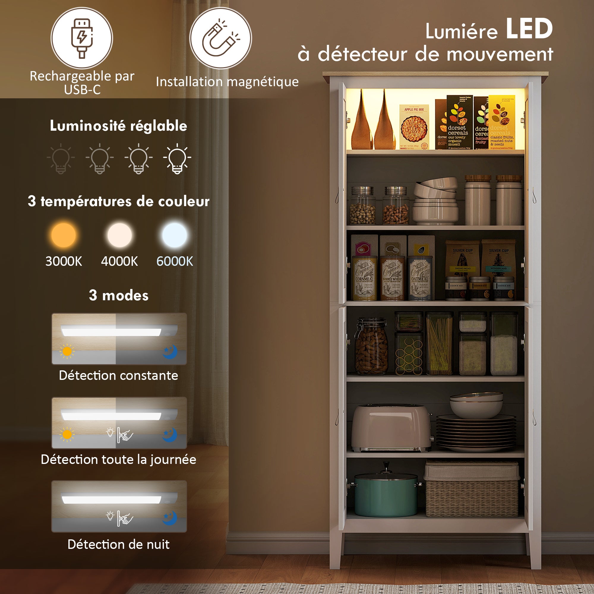 Buffet cuisine avec LED réglable et détecteur de mouvement, meuble cuisine rangement haut, meuble de rangement avec placards à double porte et étagères réglables, 80 x 40 x 176,5 cm, blanc