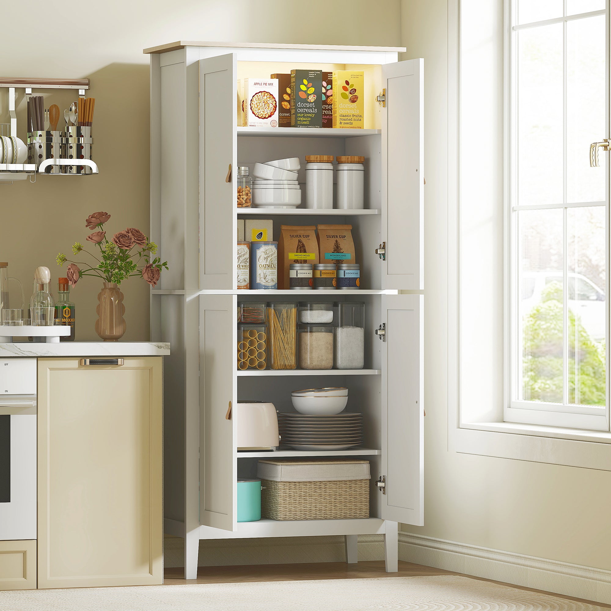 Buffet cuisine avec LED réglable et détecteur de mouvement, meuble cuisine rangement haut, meuble de rangement avec placards à double porte et étagères réglables, 80 x 40 x 176,5 cm, blanc