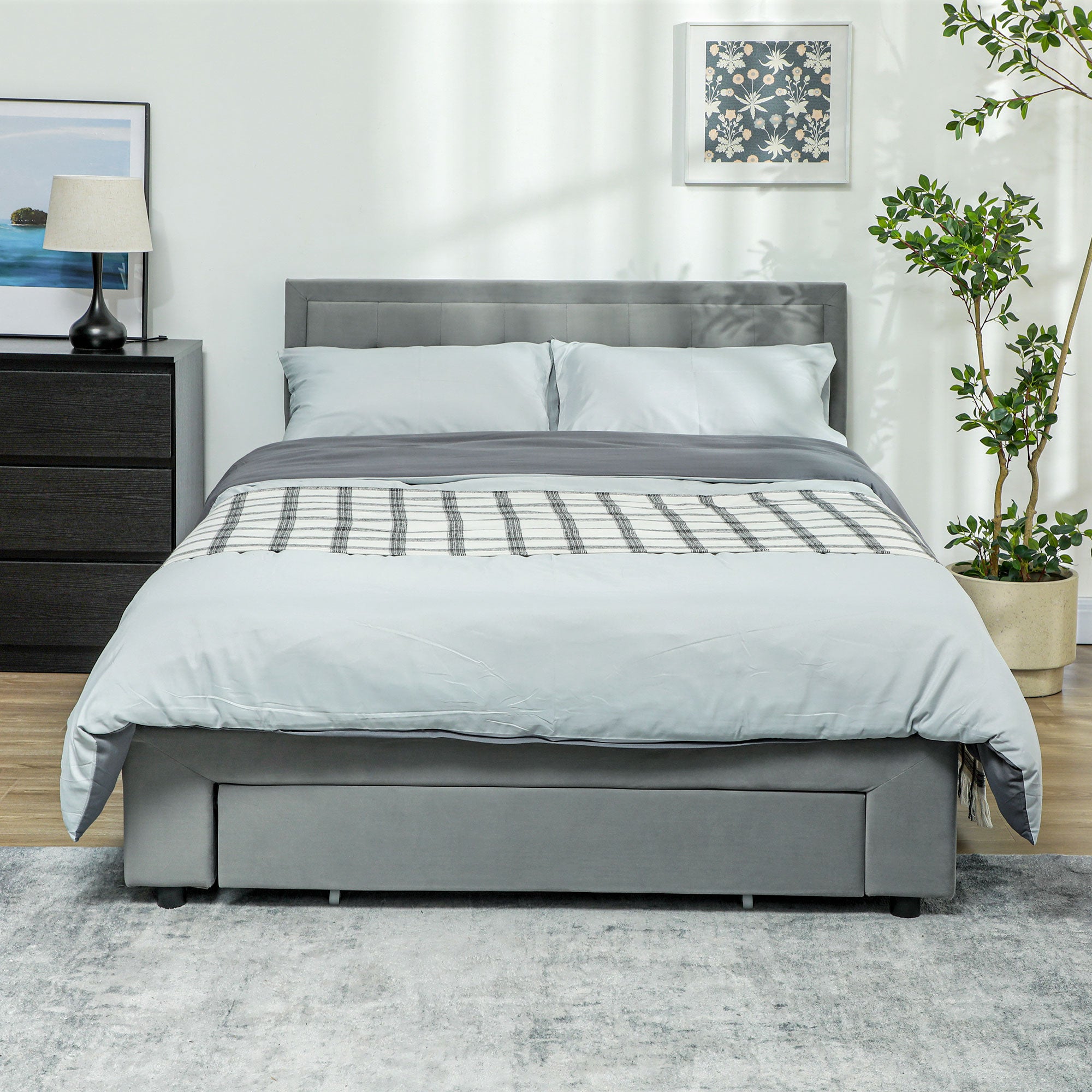Cadre de lit double 140 x 200 cm pour 2 personnes - levage de gaz, espace de rangement, tiroir à roulettes, tête de lit réglable et sommier à lattes en bois, capitonnée effet velours, gris