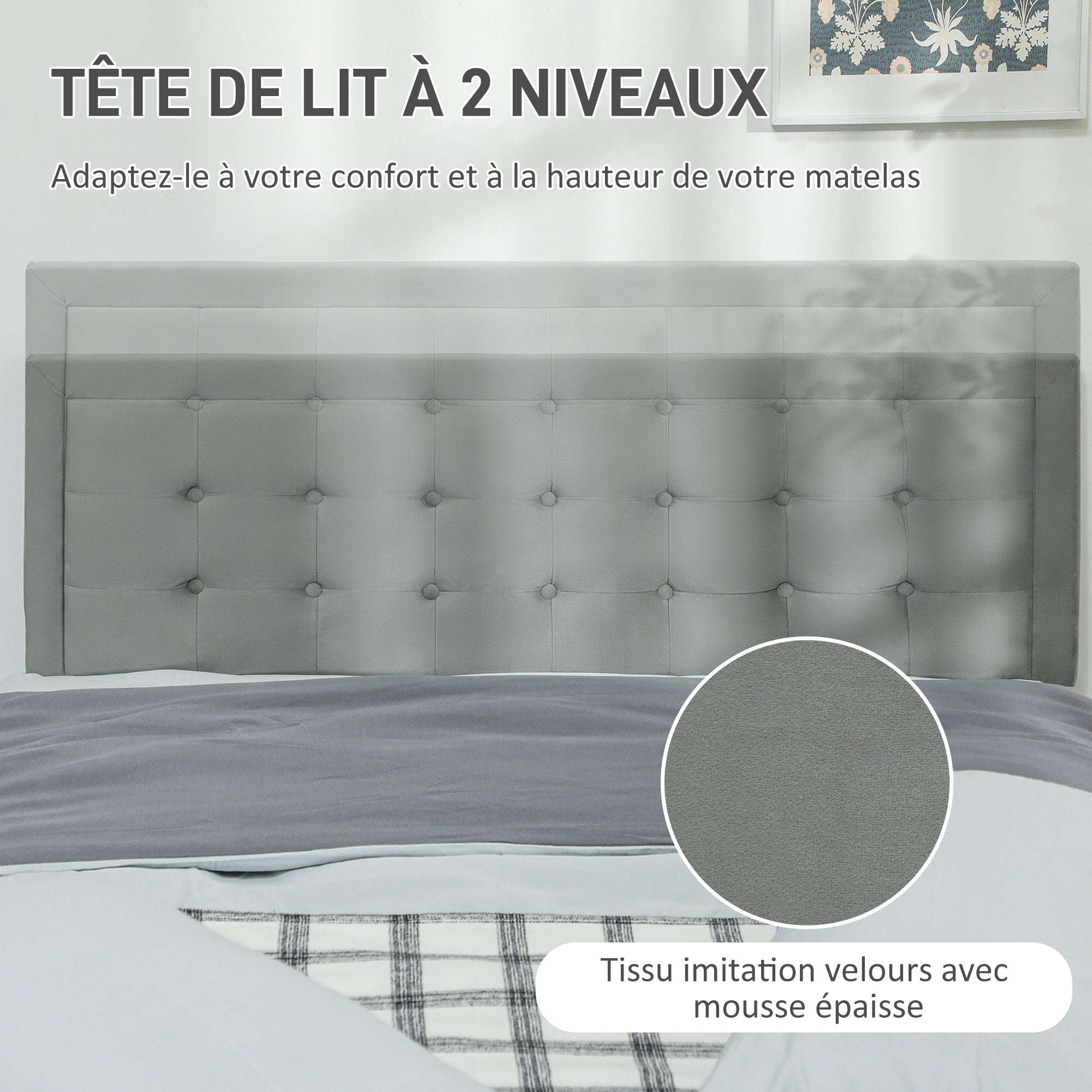 Cadre de lit double 140 x 200 cm pour 2 personnes - levage de gaz, espace de rangement, tiroir à roulettes, tête de lit réglable et sommier à lattes en bois, capitonnée effet velours, gris