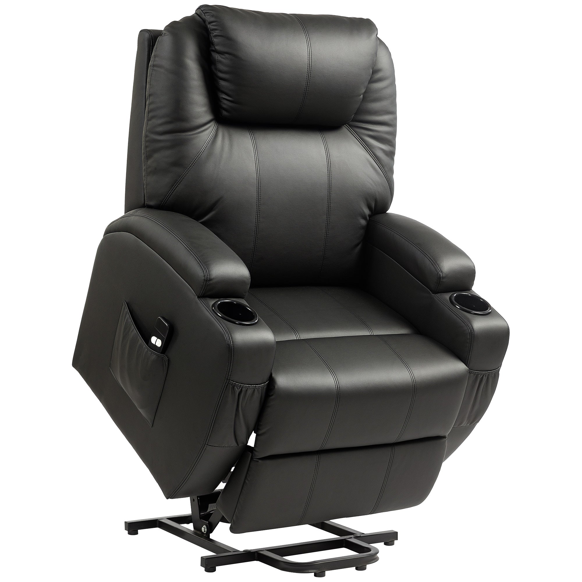 Fauteuil releveur électrique, fauteuil relax électrique avec repose-pied, dossier inclinable, télécommande, poches latérales et porte-gobelet - noir