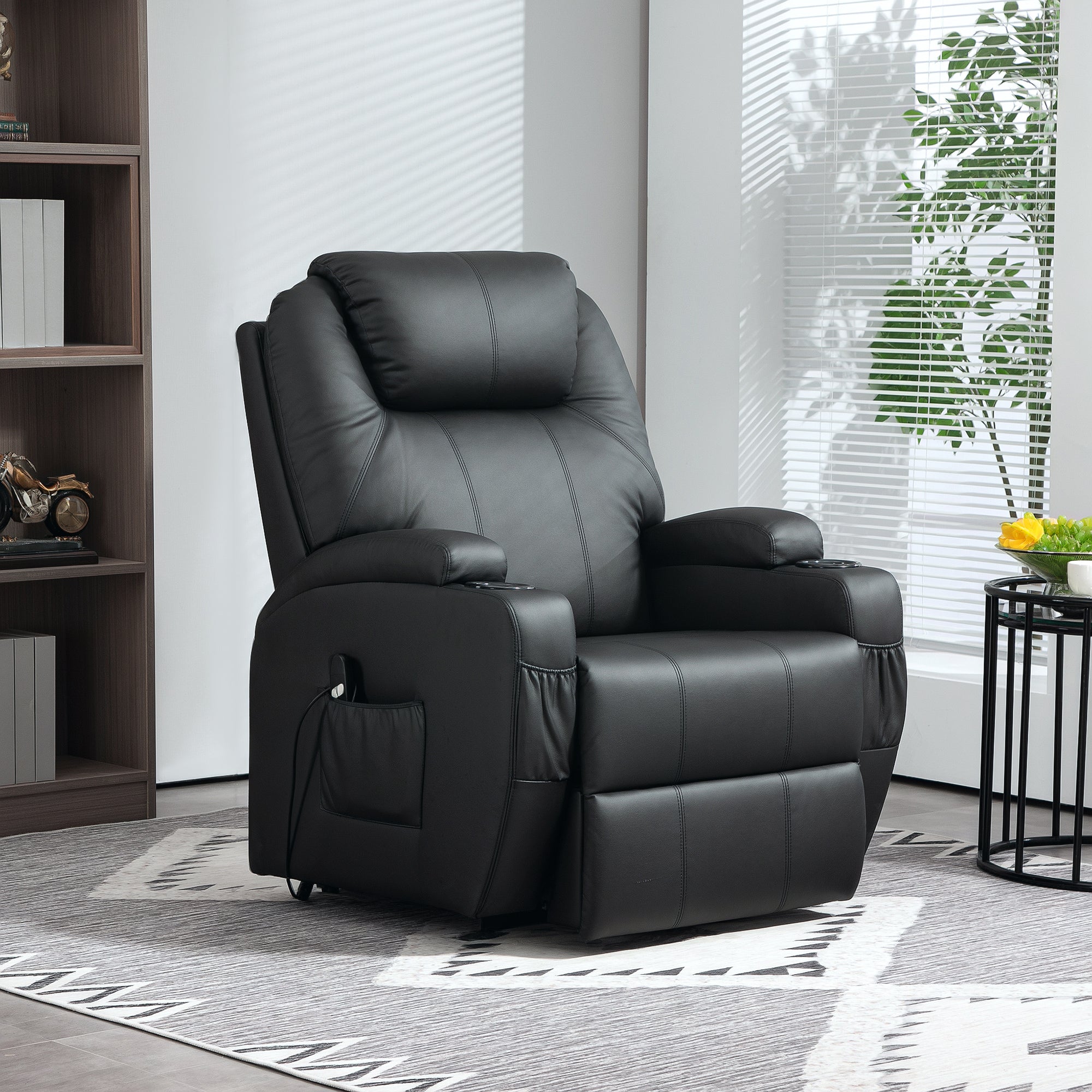 Fauteuil releveur électrique, fauteuil relax électrique avec repose-pied, dossier inclinable, télécommande, poches latérales et porte-gobelet - noir