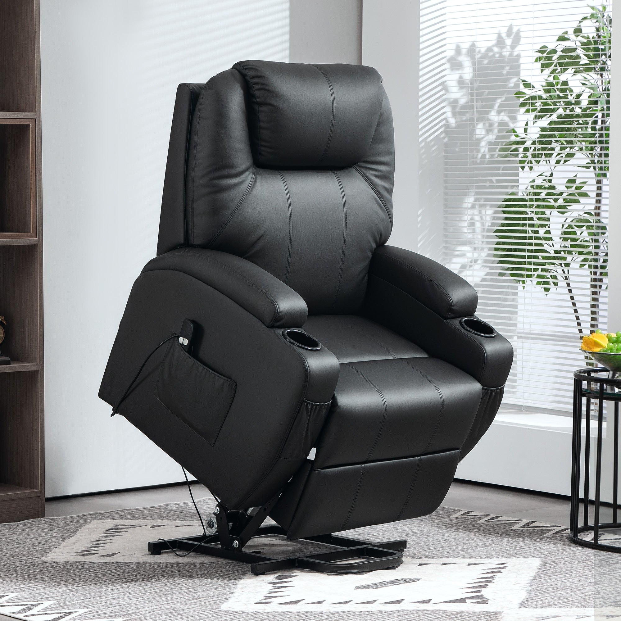 Fauteuil releveur électrique, fauteuil relax électrique avec repose-pied, dossier inclinable, télécommande, poches latérales et porte-gobelet - noir