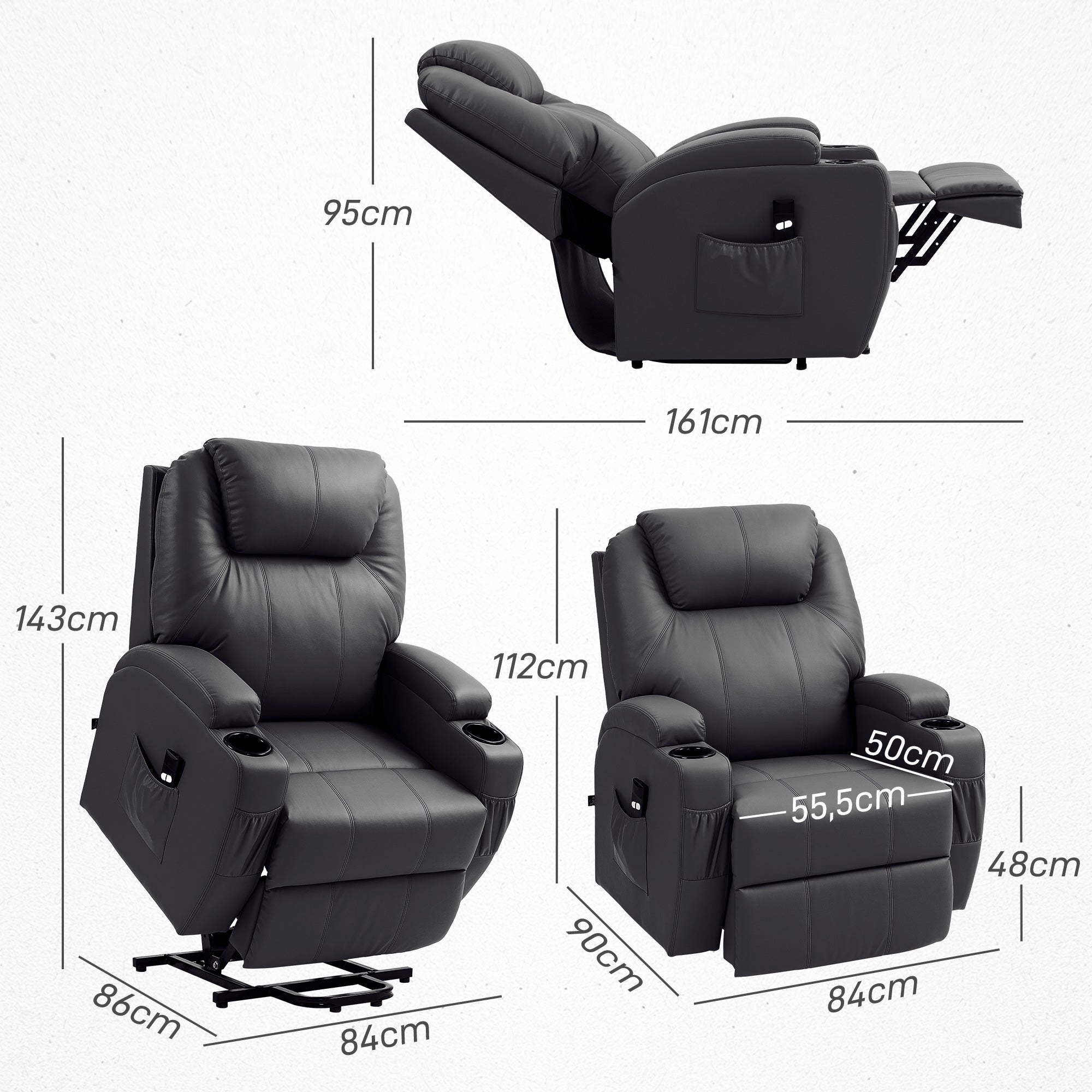 Fauteuil releveur électrique, fauteuil relax électrique avec repose-pied, dossier inclinable, télécommande, poches latérales et porte-gobelet - noir