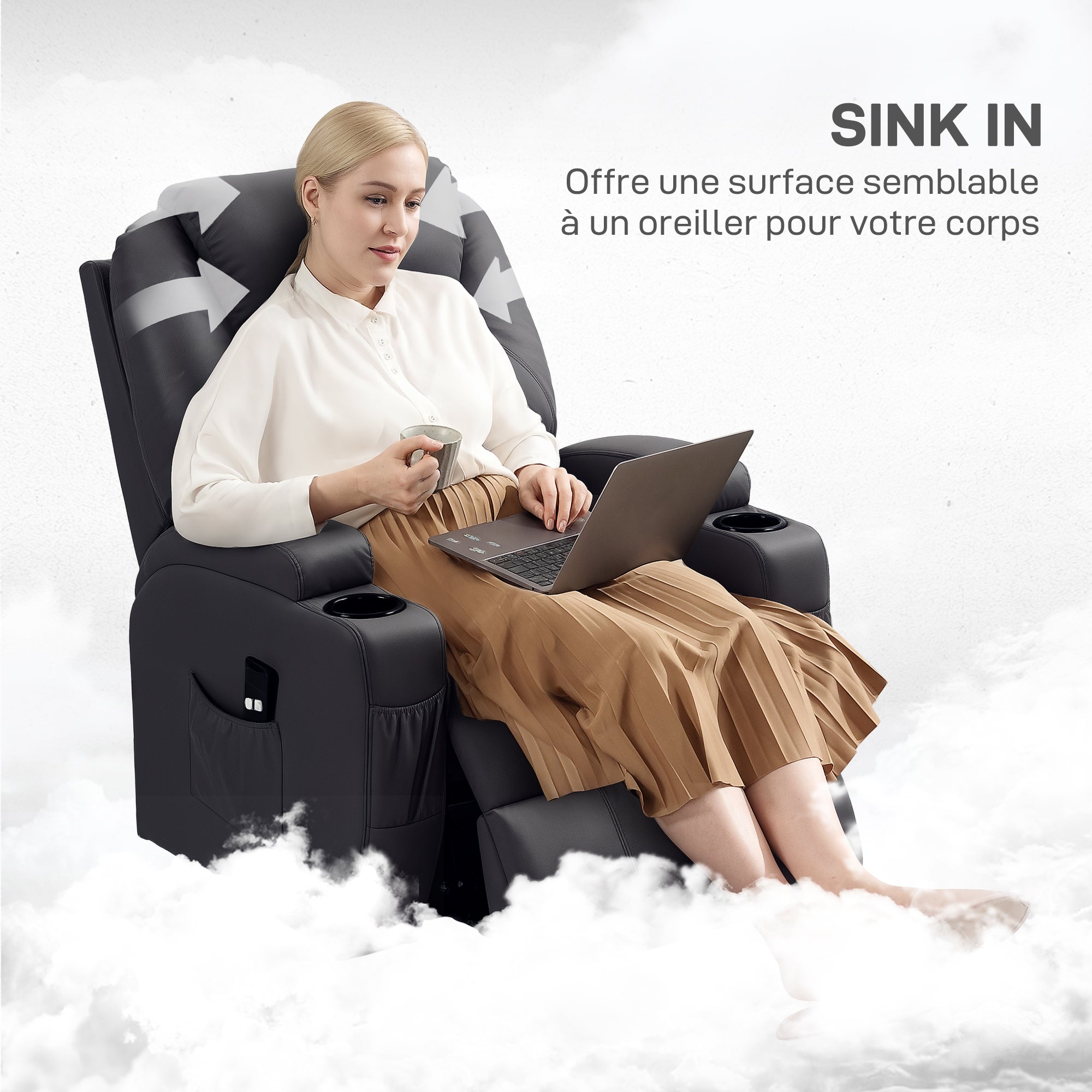Fauteuil releveur électrique, fauteuil relax électrique avec repose-pied, dossier inclinable, télécommande, poches latérales et porte-gobelet - noir