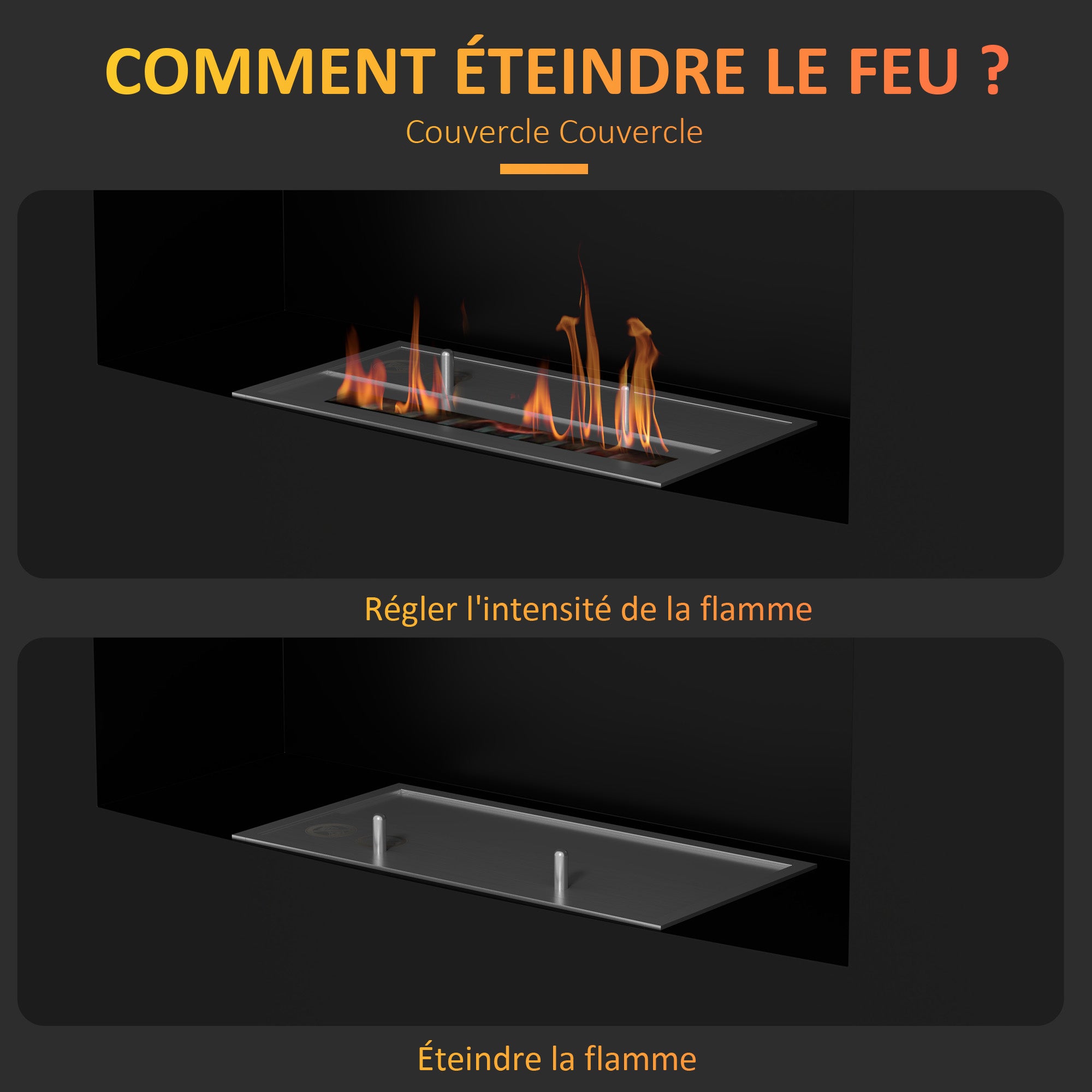 Cheminée bioéthanol encastrable, cheminée à l'éthanol avec volume de 0,9 litre, environ 3,3 h durée de combustion, poêle bioéthanol en acier inoxydable, 66 x 16 x 52 cm, noir