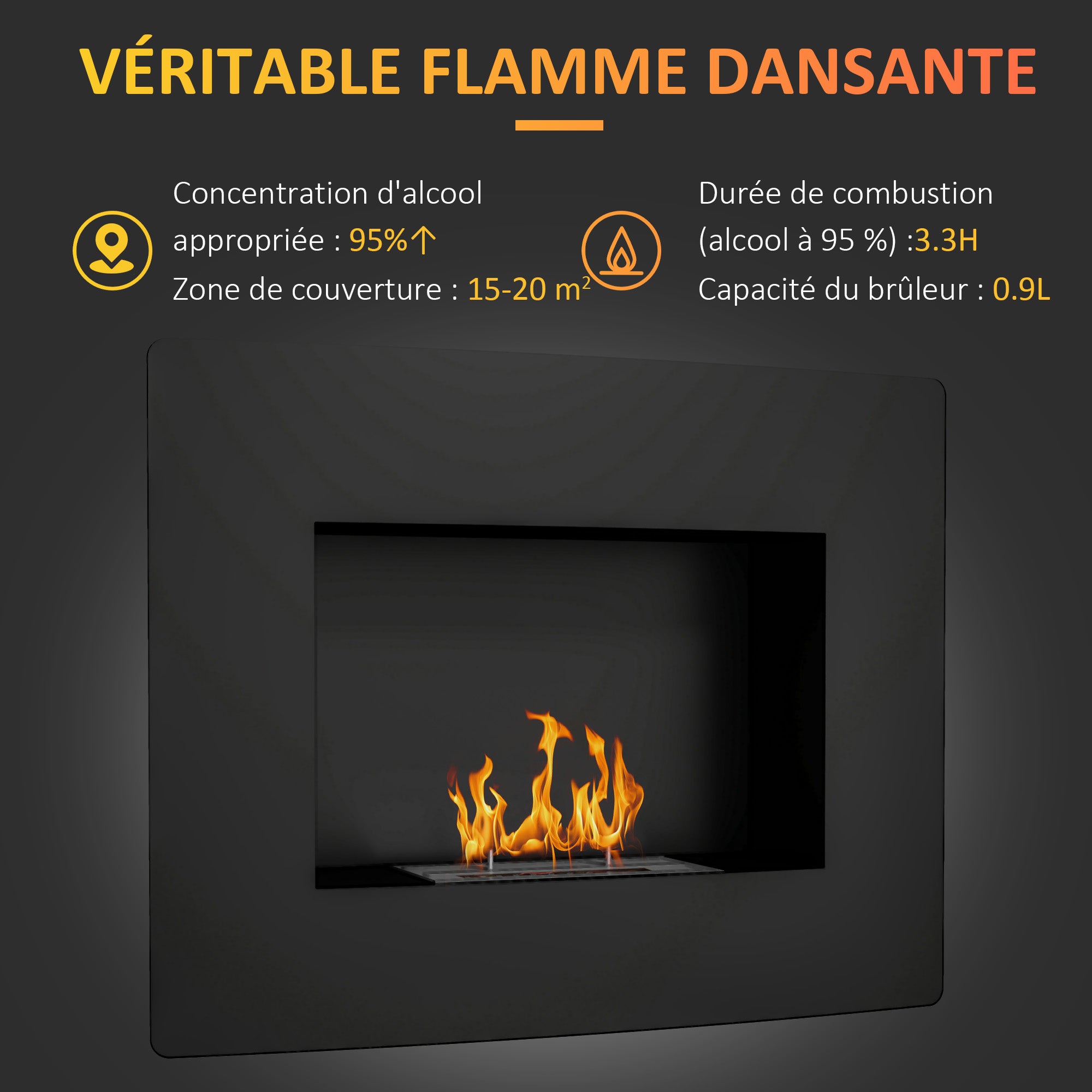 Cheminée bioéthanol encastrable, cheminée à l'éthanol avec volume de 0,9 litre, environ 3,3 h durée de combustion, poêle bioéthanol en acier inoxydable, 66 x 16 x 52 cm, noir