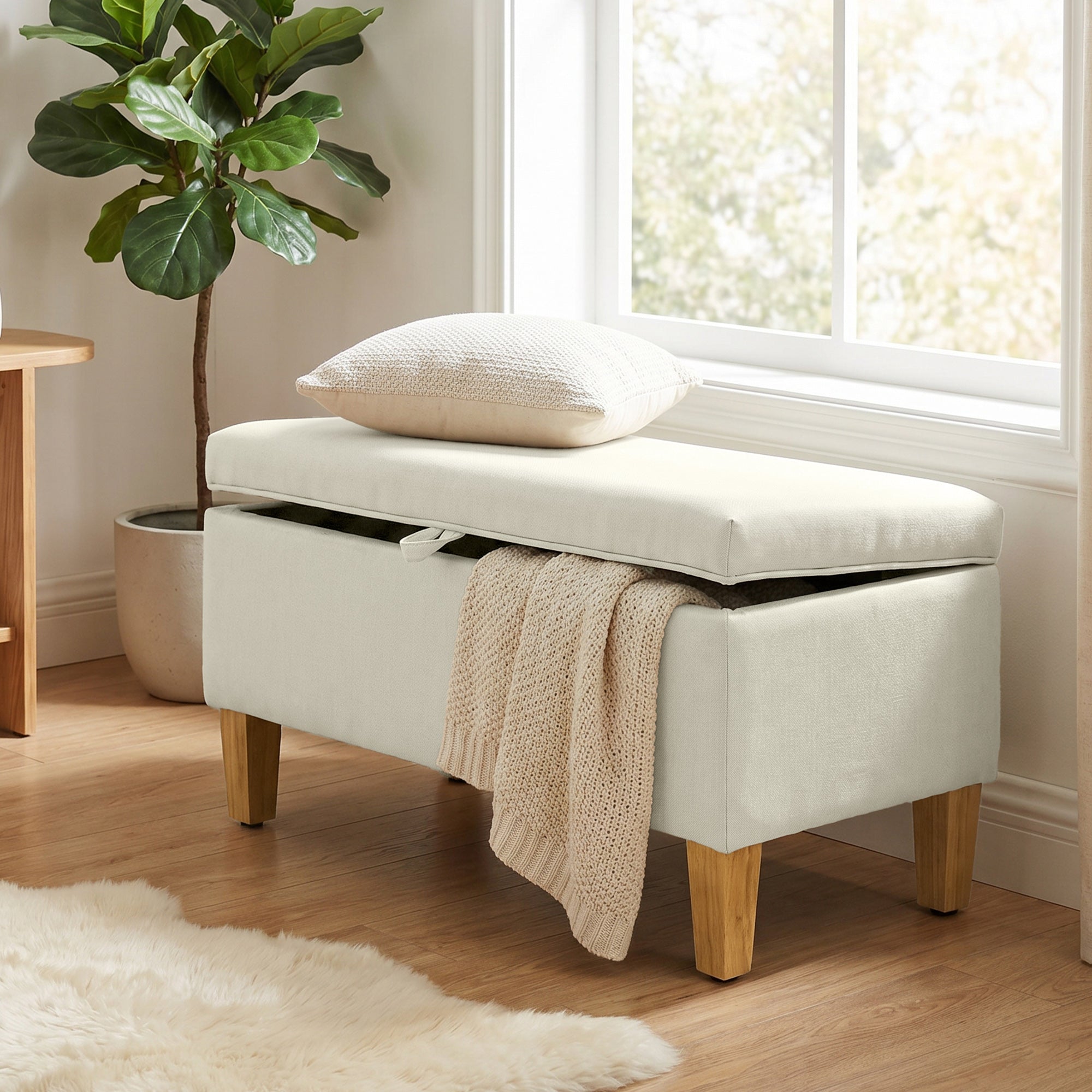 Banc de rangement, bout de lit, repose-pieds rembourré en lin avec pieds en bois de caoutchouc, pour salon, chambre, entrée, 71 x 37 x 36 cm, beige