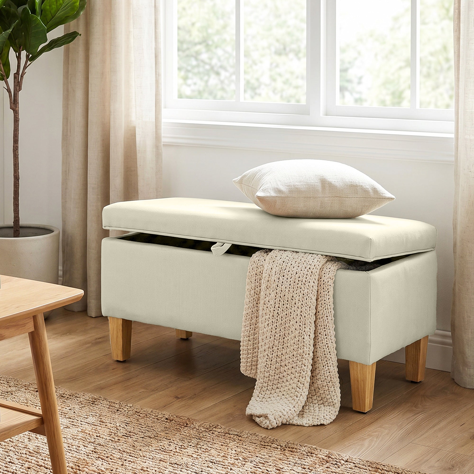 Banc de rangement, bout de lit, repose-pieds rembourré en lin avec pieds en bois de caoutchouc, pour salon, chambre, entrée, 71 x 37 x 36 cm, beige
