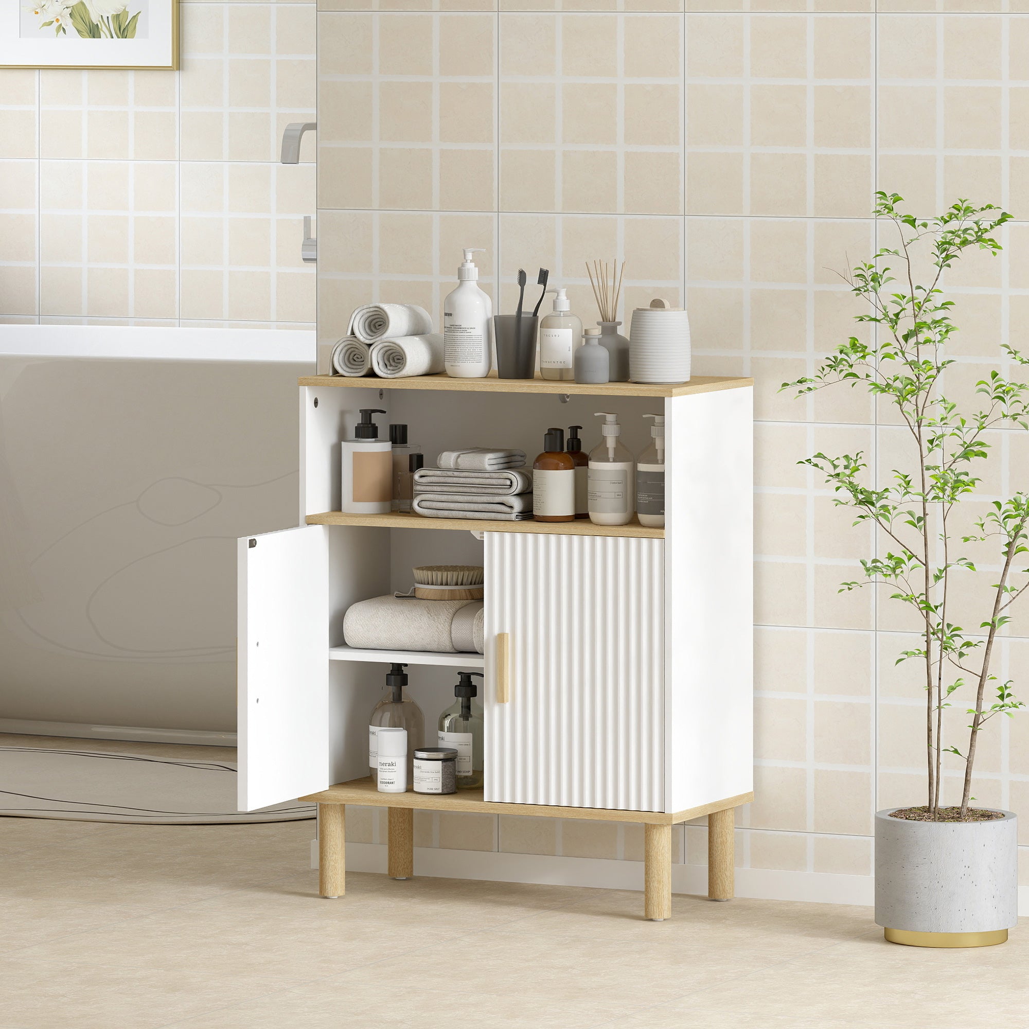 Meuble de salle de bain, meuble de rangement avec 2 portes, compartiment ouvert et étagère réglable, armoire salle de bain, salon, chambre, 60 x 29,5 x 76,5 cm, blanc et bois naturel