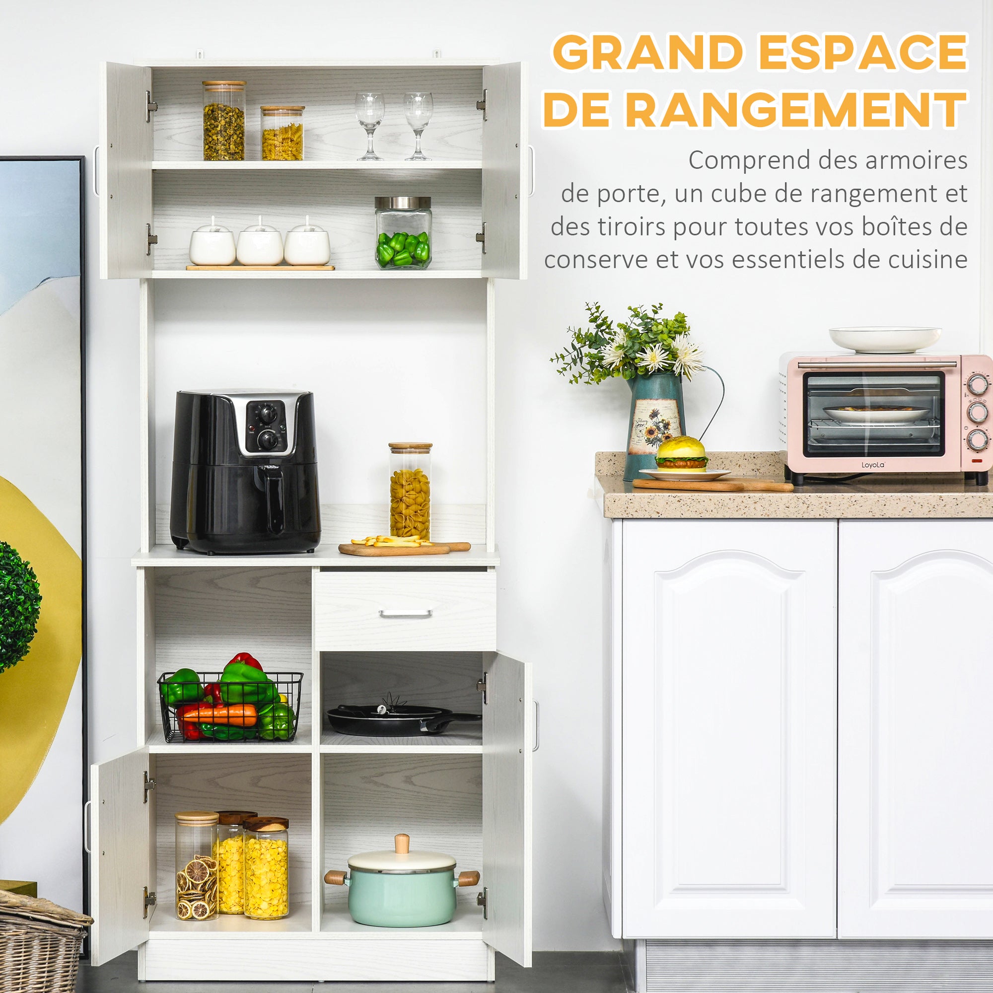 Buffet de cuisine armoire de cuisine multi-rangements 4 portes 1 tiroirs étagère + grand plateau 71 x 41 x 178 cm MDF blanc