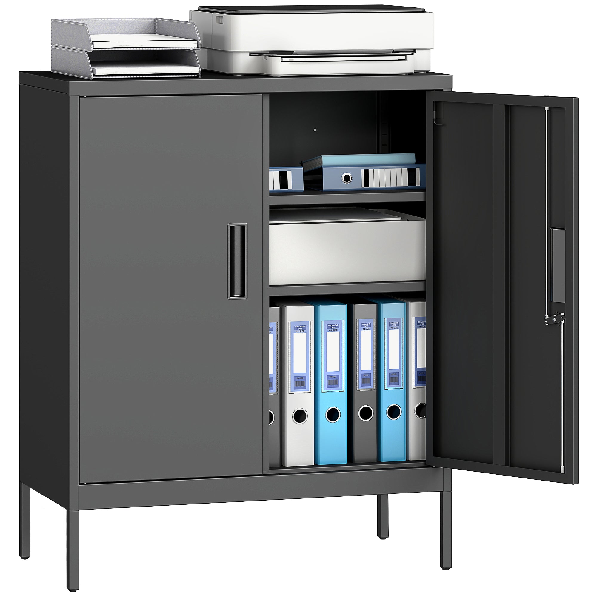 Armoire de Bureau Métallique, 80 x 40 x 100 cm, Meuble de Rangement en Acier avec Serrure, 2 Portes et 2 Étagères Réglables, Classeur Rangement Documents Industriel pour Bureau ou Garage, Noir