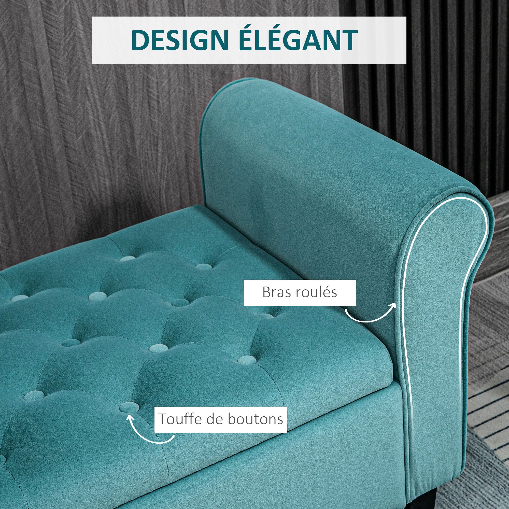 Banc de rangement bout de lit avec accoudoirs, coffre de rangement en tissu velours rembourré et capitonné, charge jusqu'à 220 kg, pour salon, chambre, entrée, 126 x 48,5 x 57 cm, vert