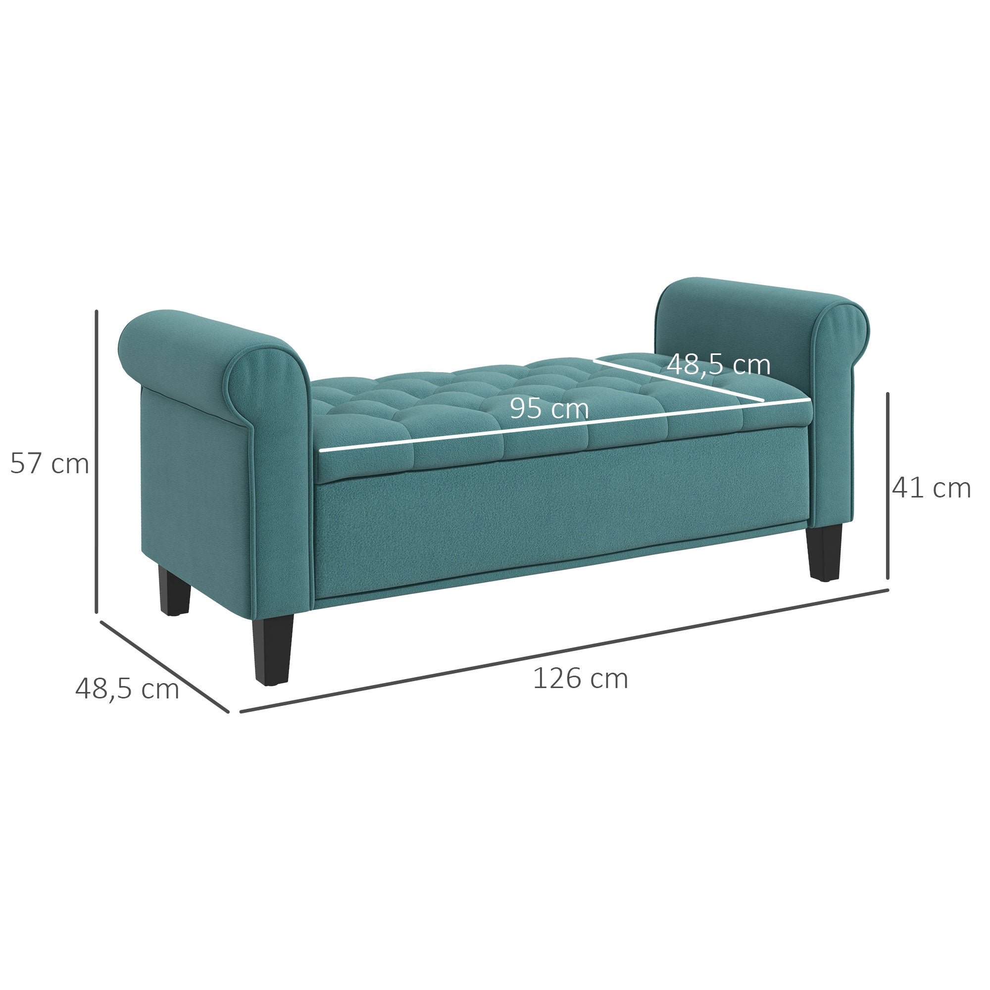 Banc de rangement bout de lit avec accoudoirs, coffre de rangement en tissu velours rembourré et capitonné, charge jusqu'à 220 kg, pour salon, chambre, entrée, 126 x 48,5 x 57 cm, vert