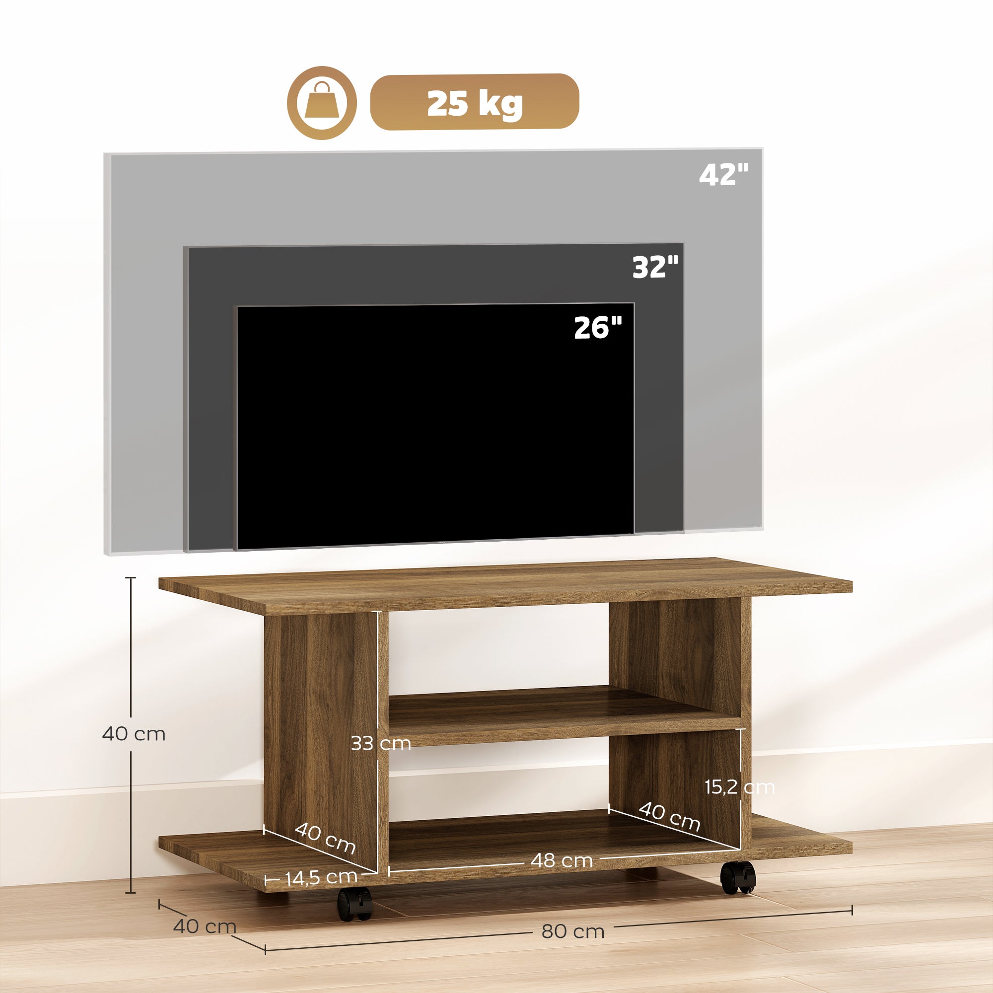 Meuble TV avec roulettes 80 cm, meuble télé pour téléviseur jusqu'à 42 pouces avec étagères ouvertes, style moderne, banc TV pour salon, chambre, noir