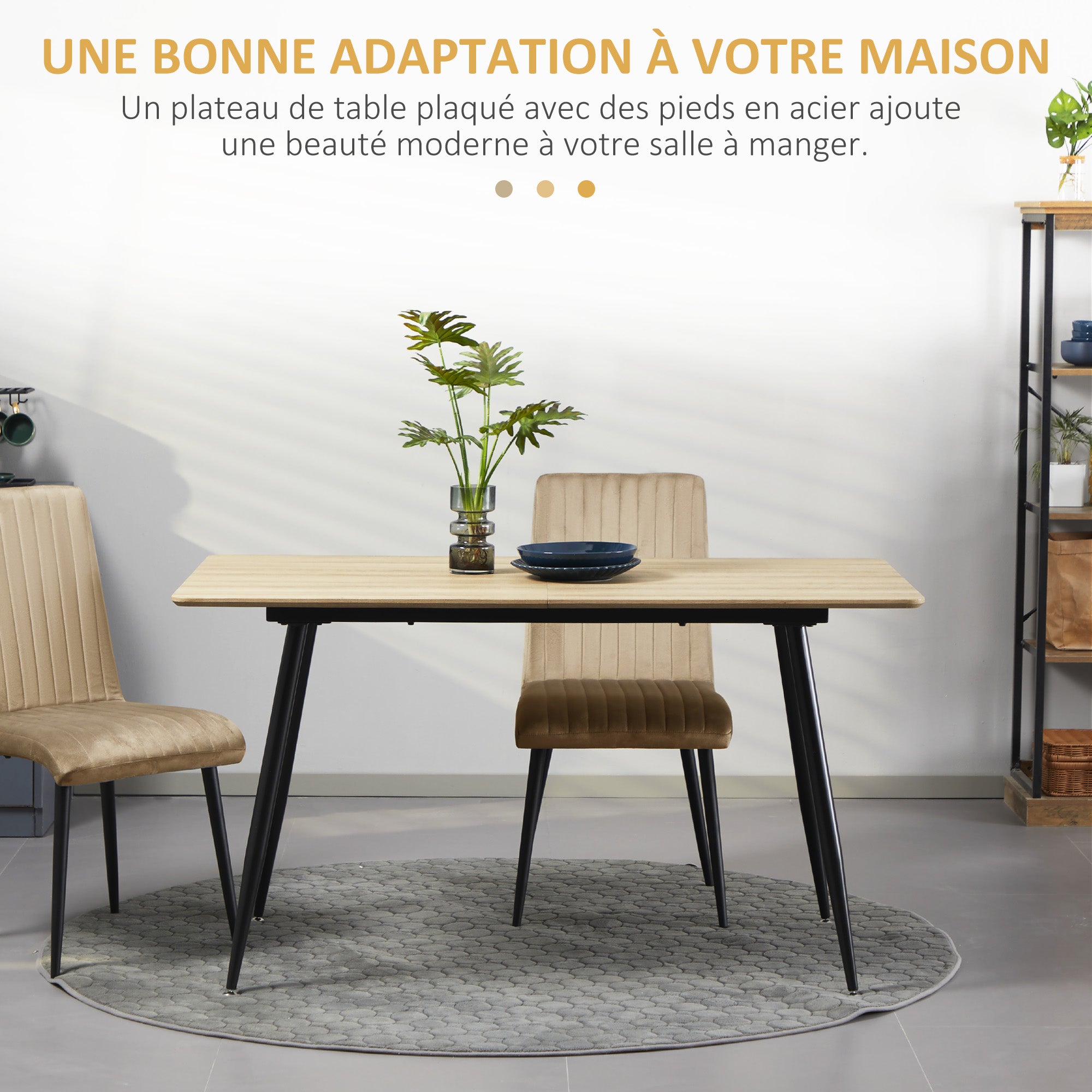 Table à manger rectangulaire, table de cuisine 140 cm, 4 personnes avec plateau effet bois, table de salle à manger, 4 pieds en acier, naturel et noir