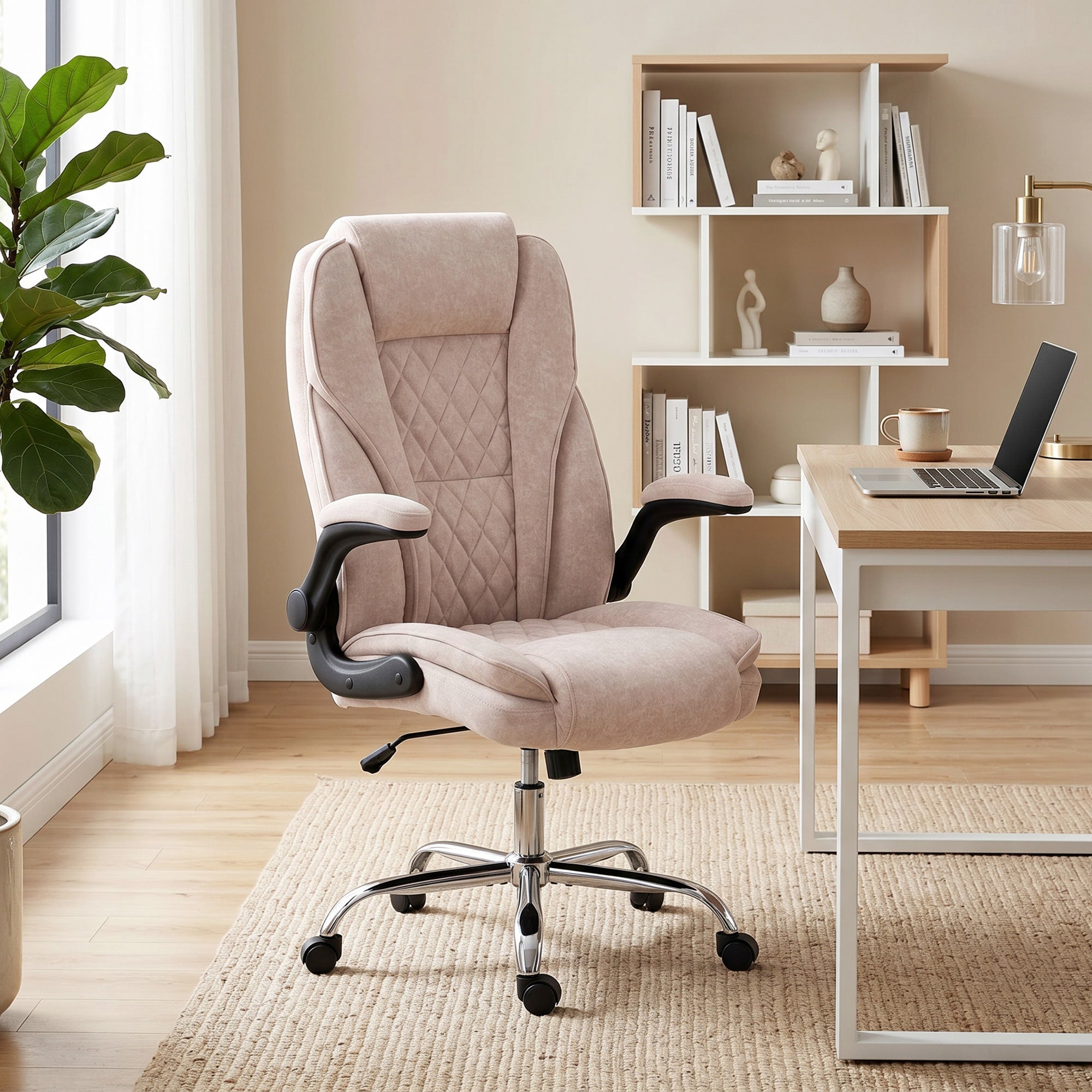 Fauteuil de bureau, chaise bureau ergonomique avec large assise rembourrée, hauteur réglable, accoudoirs relevables, dossier haut, pivotant 360°, tissu en velours, charge 120 Kg, rose