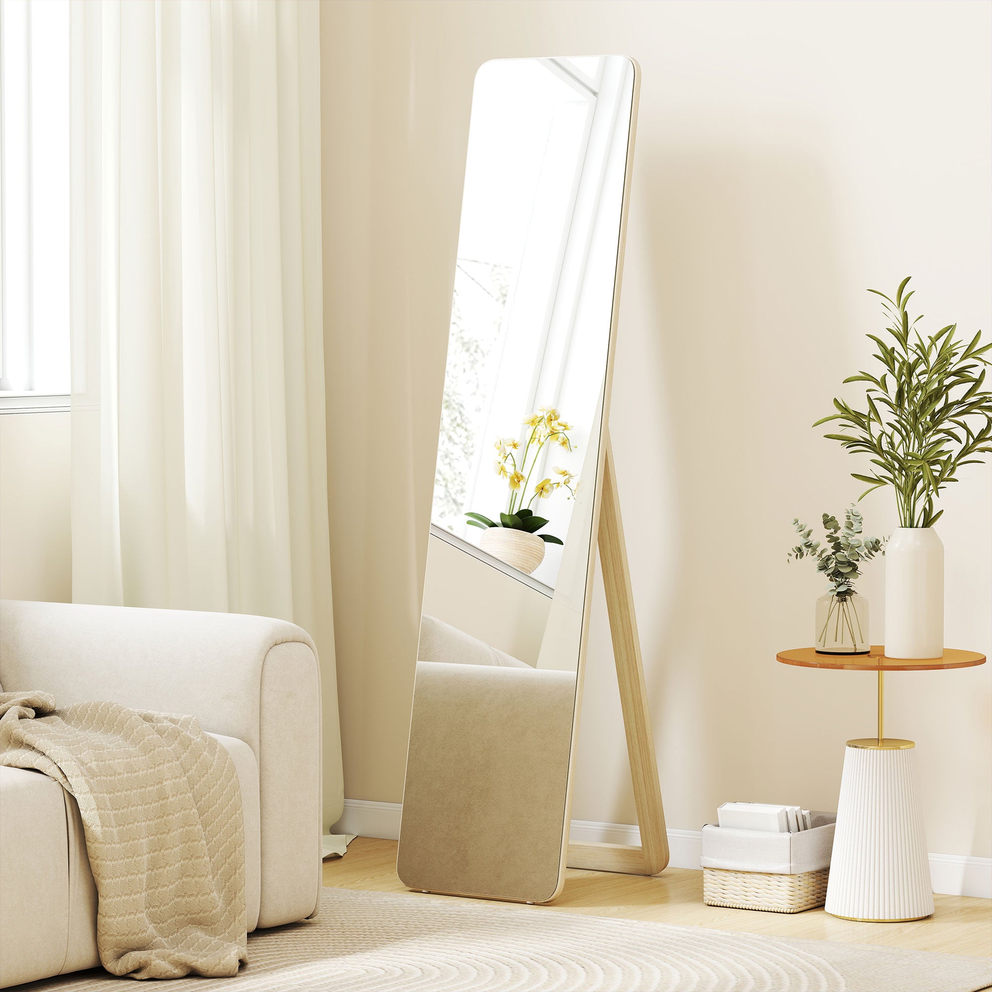 Grand miroir pleine longueur rectangulaire, 37 x 160 cm - miroir sur pied ou mural - pour chambre à coucher, salon et dressing, bois naturel