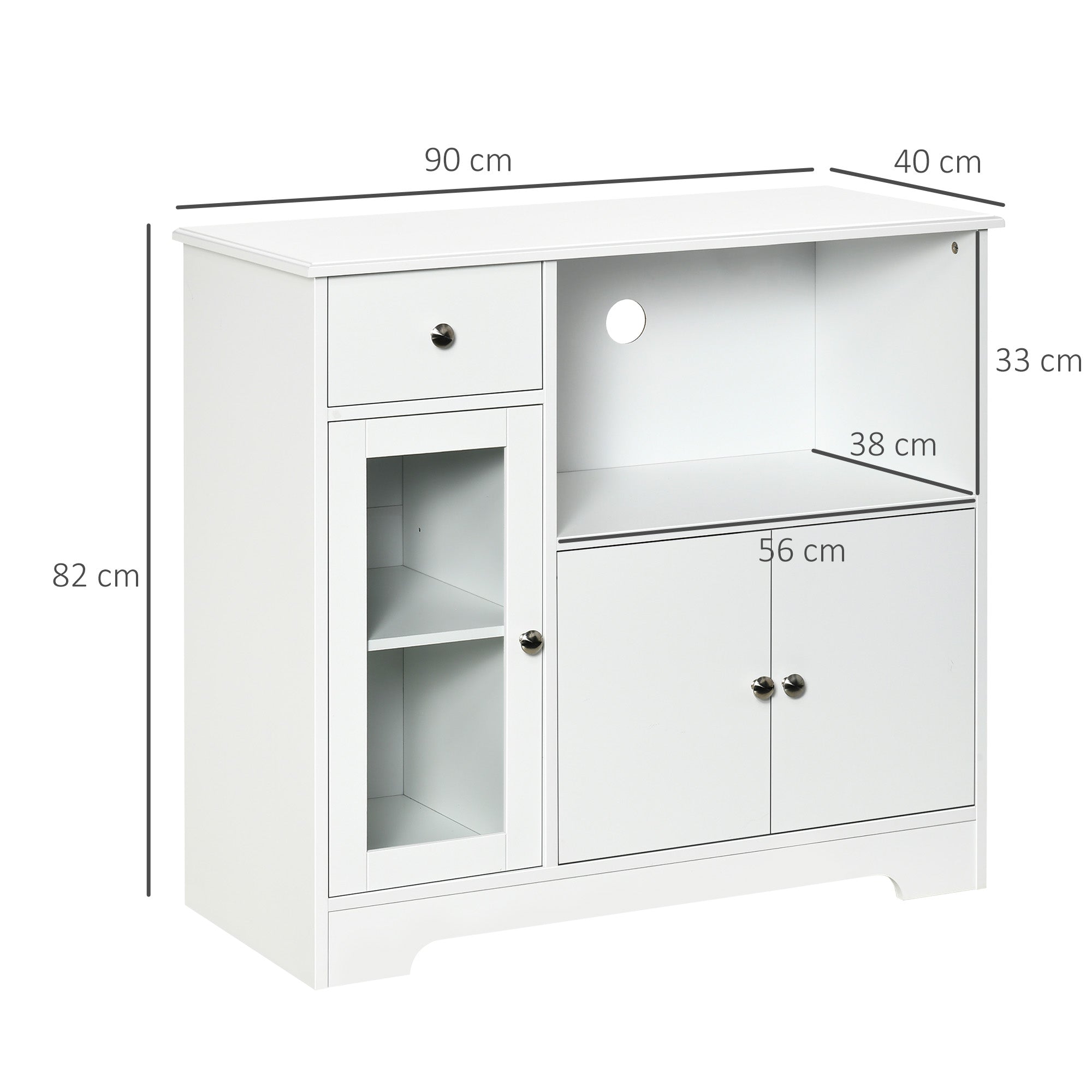 Meuble micro-ondes, buffet cuisine, armoire de rangement, pour cuisine, salle à Manger 90 x 40 x 82 cm verre trempé et bois, blanc