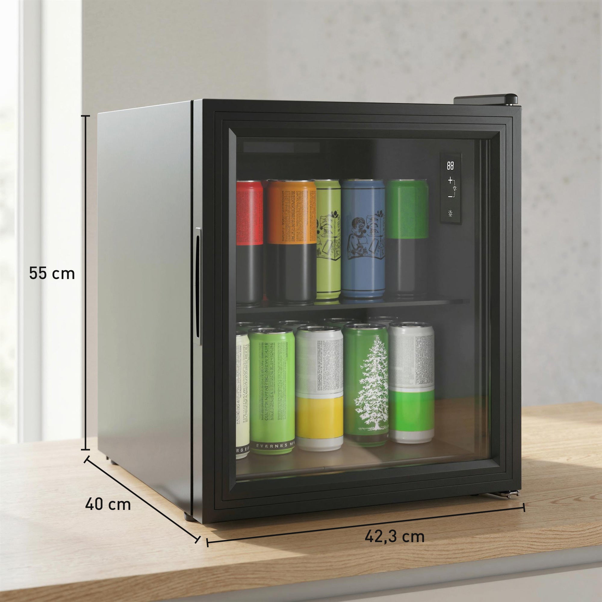 Réfrigérateur à Boissons 46L 59 Canettes, Petit Frigo Silencieux Pose Libre avec Porte en Verre Trempé Double, Étagère en Verre, Éclairage LED, Écran Tactile, pour Chambre Bureau Dortoir, Noir