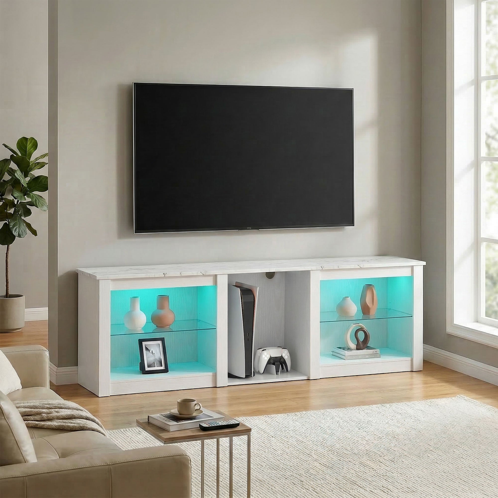 Meuble TV LED RGB meuble télé bois banc TV jusqu'à 70 pouces avec étagères en verre réglables, 5 niches, passe-câbles et télécommande pour salon, chambre à coucher, dim. 160 x 35 x 52 cm, blanc