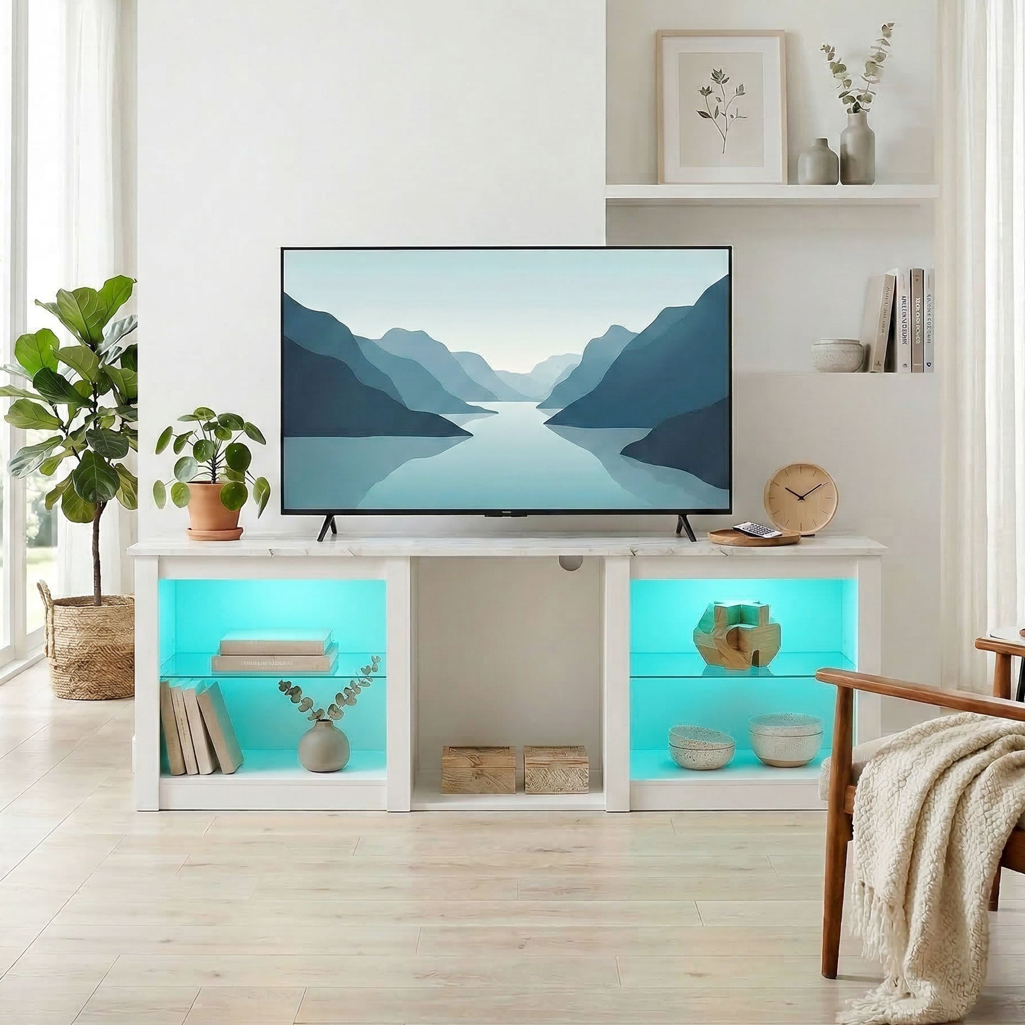 Meuble TV LED RGB meuble télé bois banc TV jusqu'à 70 pouces avec étagères en verre réglables, 5 niches, passe-câbles et télécommande pour salon, chambre à coucher, dim. 160 x 35 x 52 cm, blanc