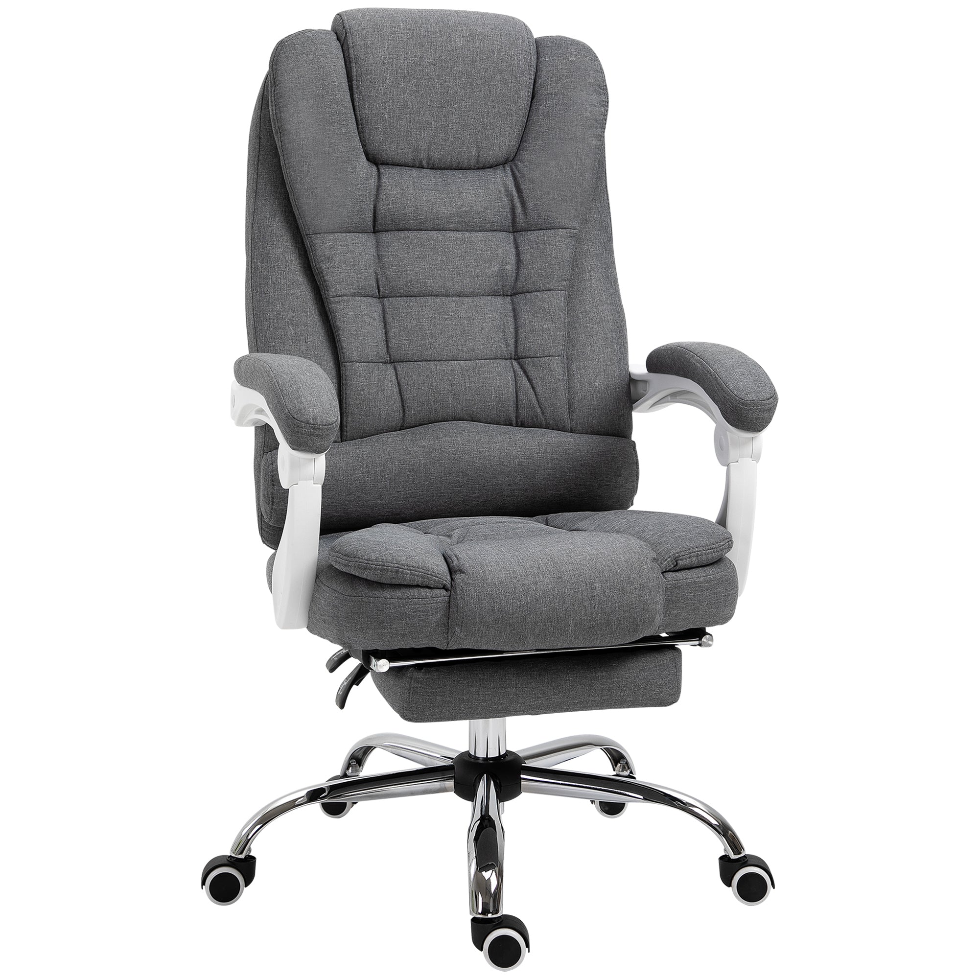 Fauteuil de bureau ergonomique, chaise de bureau avec repose-pied, dossier inclinable, accoudoirs rembourrés, en tissu aspect lin gris