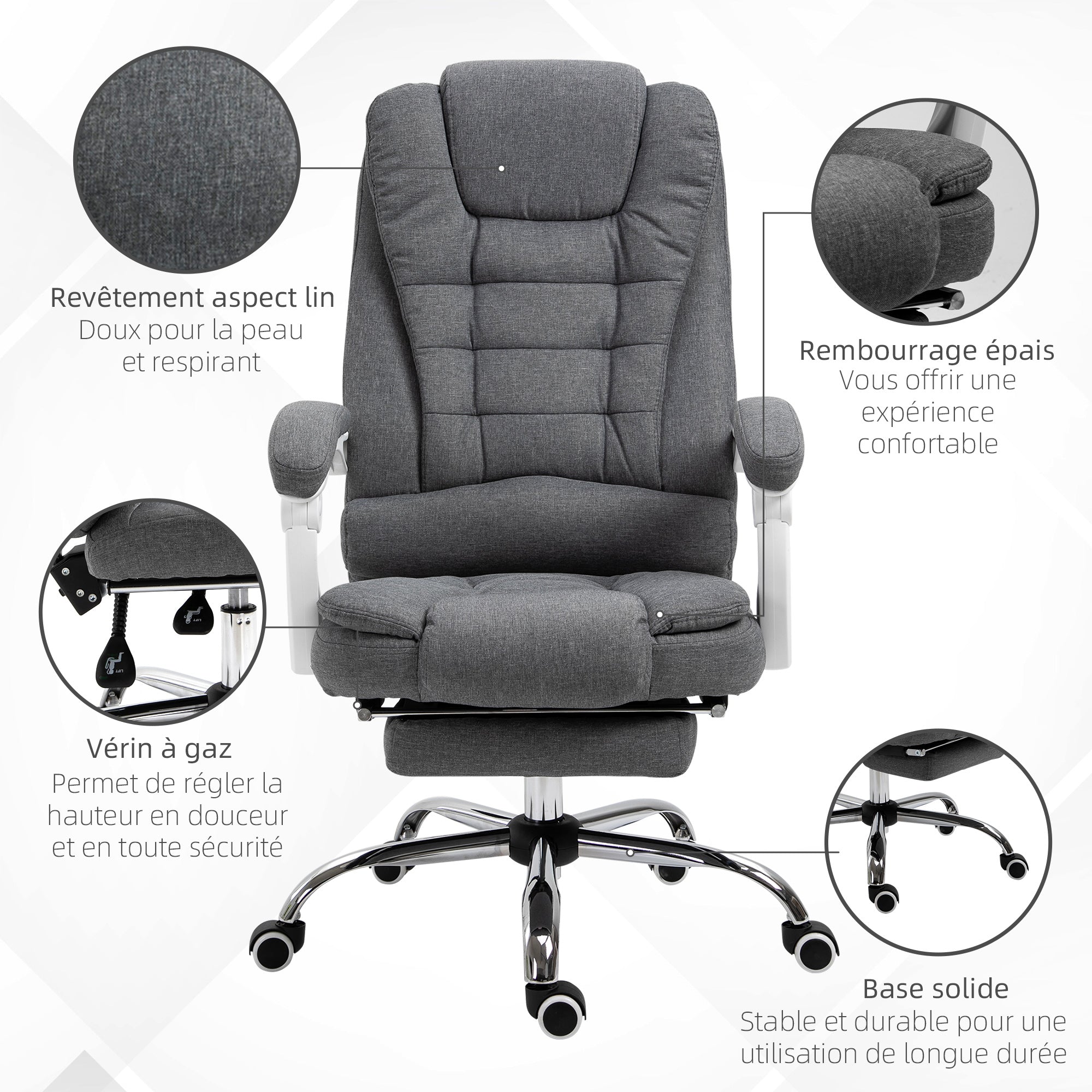 Fauteuil de bureau ergonomique, chaise de bureau avec repose-pied, dossier inclinable, accoudoirs rembourrés, en tissu aspect lin gris